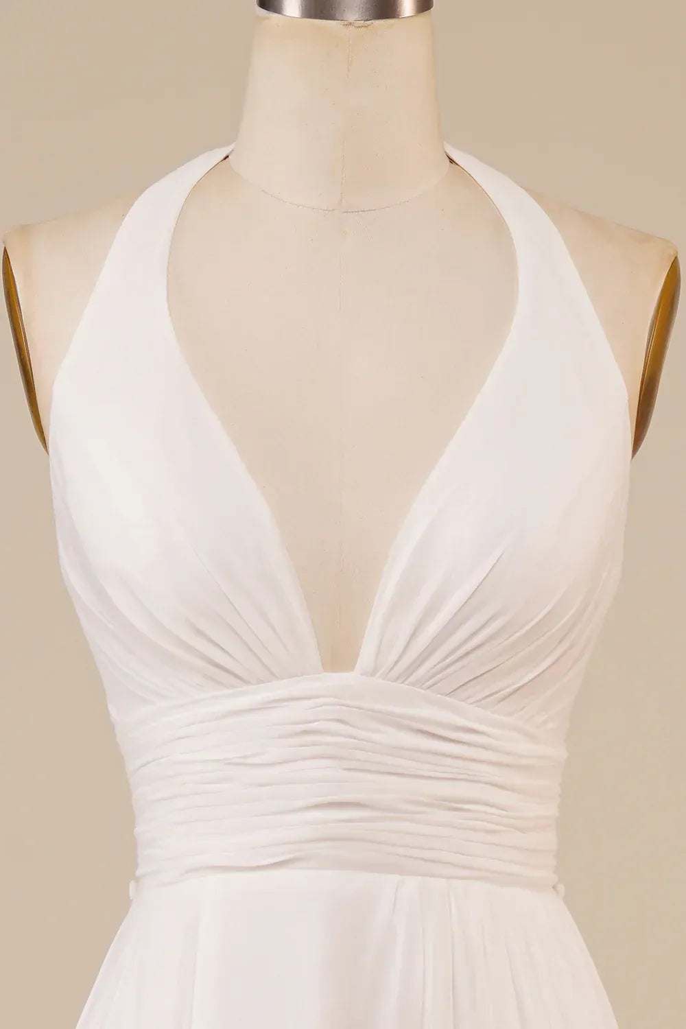 Halter Deep V Ruched Waist Chiffon A-Line Wedding Dress With Open Back Front Slit Train