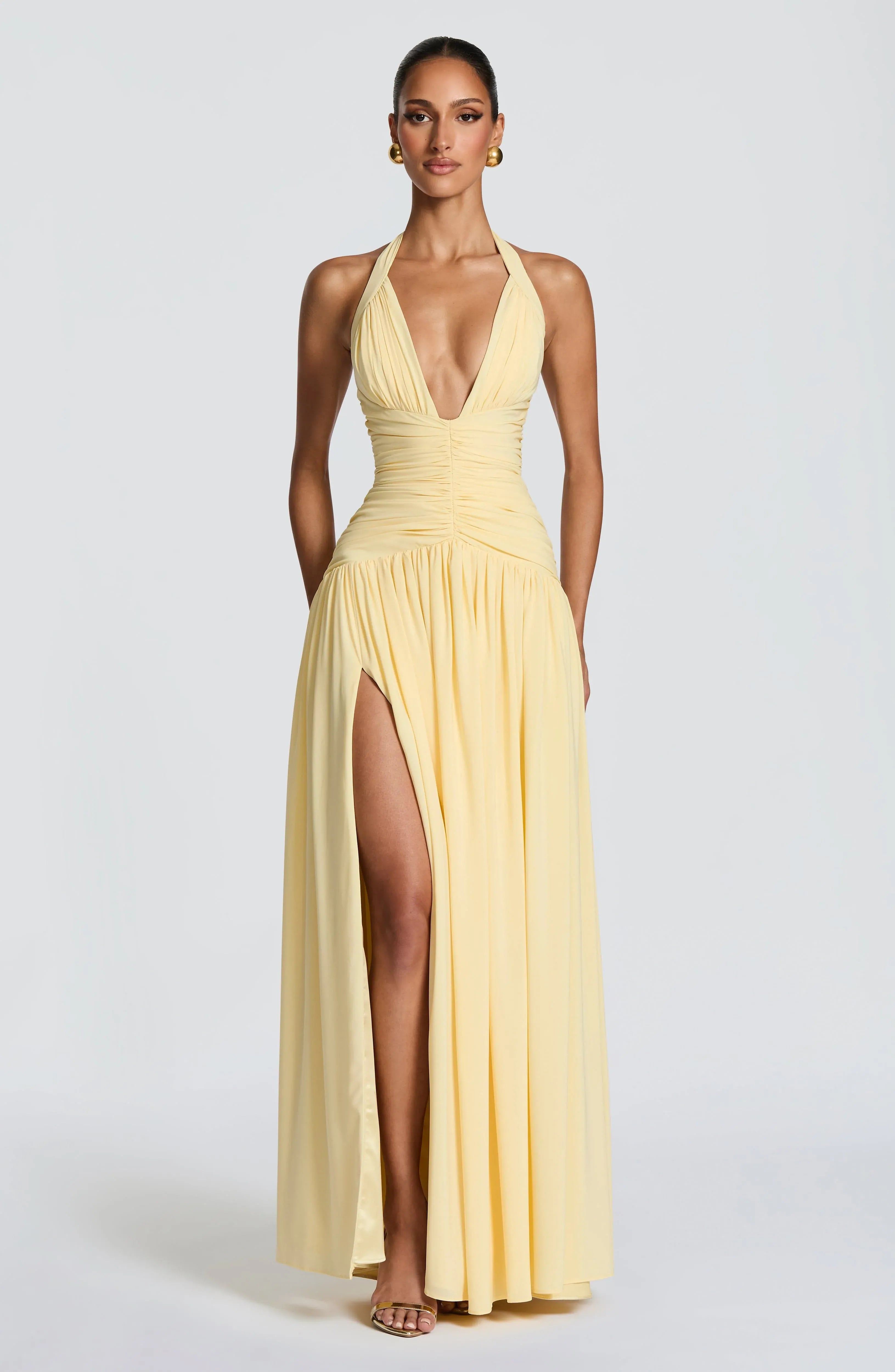 Halter Deep V Ruched Waist High Slit Pale Yellow Jersey Maxi Wedding Guest Dresses