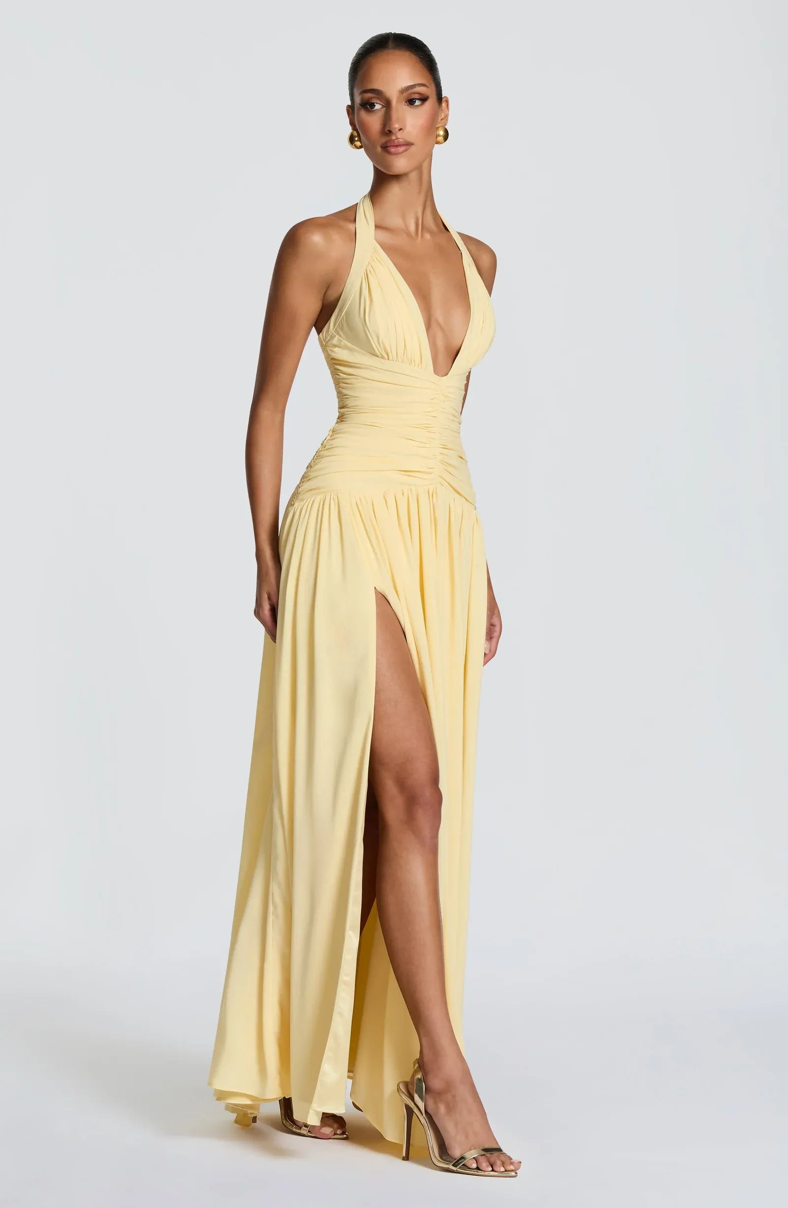 Halter Deep V Ruched Waist High Slit Pale Yellow Jersey Maxi Wedding Guest Dresses