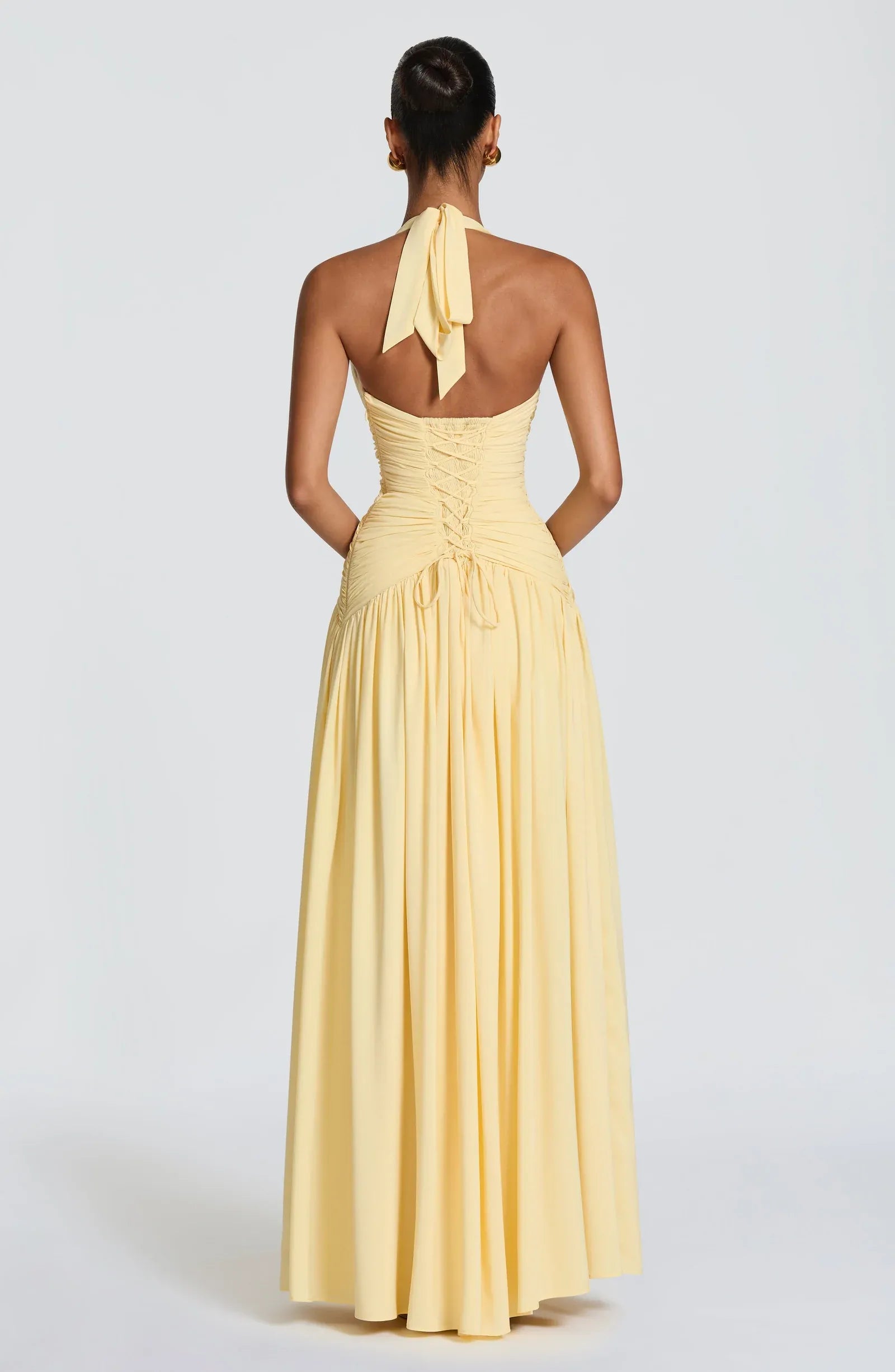 Halter Deep V Ruched Waist High Slit Pale Yellow Jersey Maxi Wedding Guest Dresses