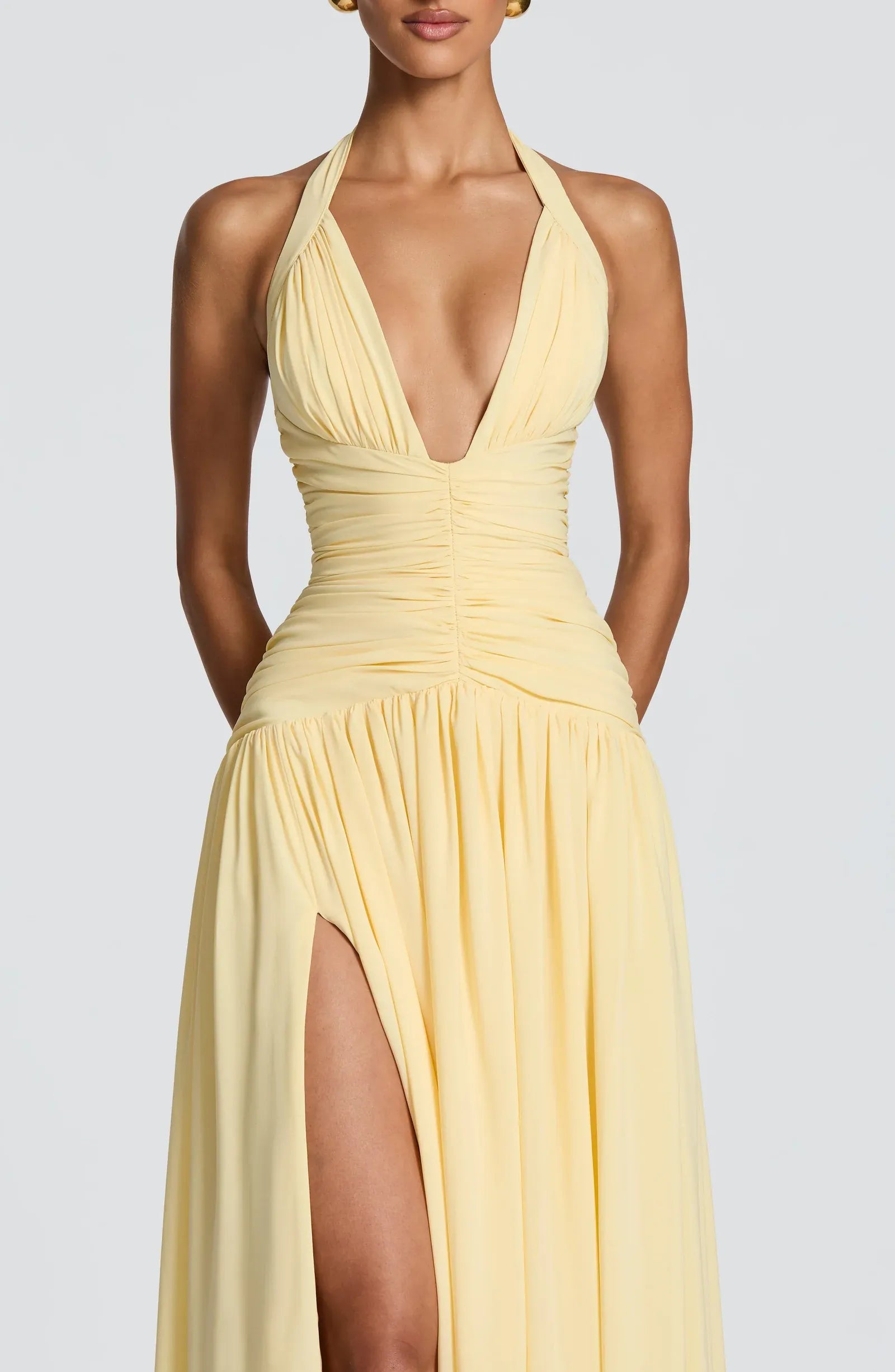 Halter Deep V Ruched Waist High Slit Pale Yellow Jersey Maxi Wedding Guest Dresses