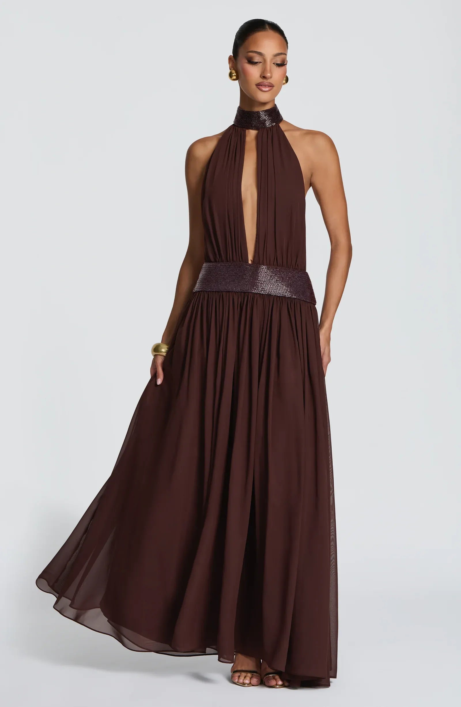 Halter Deep V Sequin Trim Backless Plain Slit Dark Brown Chiffon A Line Maxi Wedding Guest Dresses