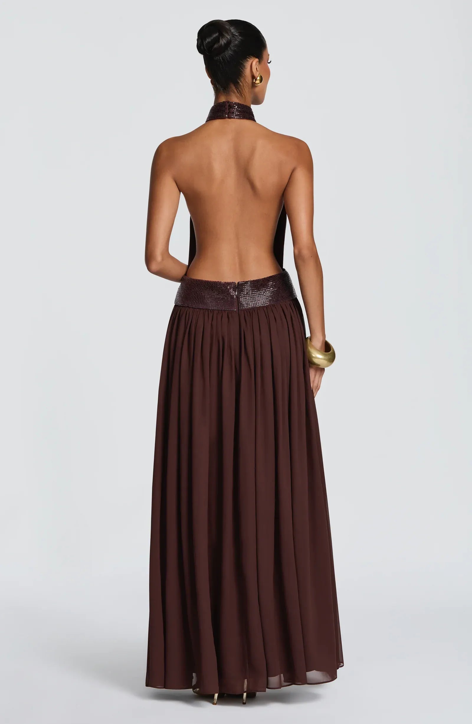Halter Deep V Sequin Trim Backless Plain Slit Dark Brown Chiffon A Line Maxi Wedding Guest Dresses