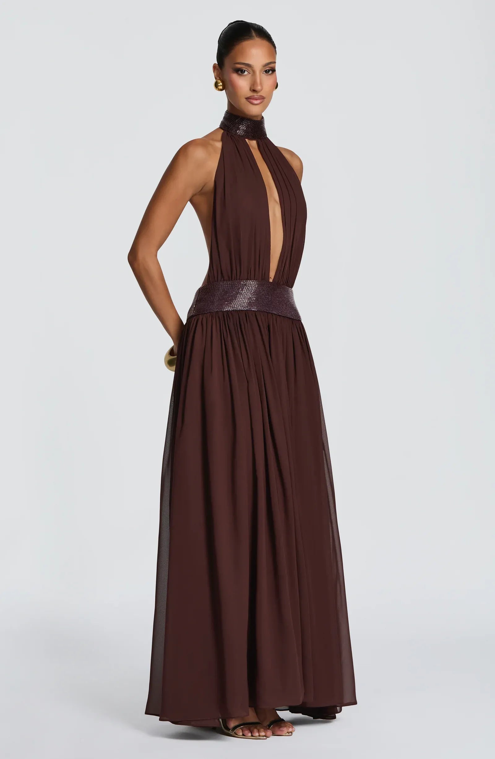 Halter Deep V Sequin Trim Backless Plain Slit Dark Brown Chiffon A Line Maxi Wedding Guest Dresses