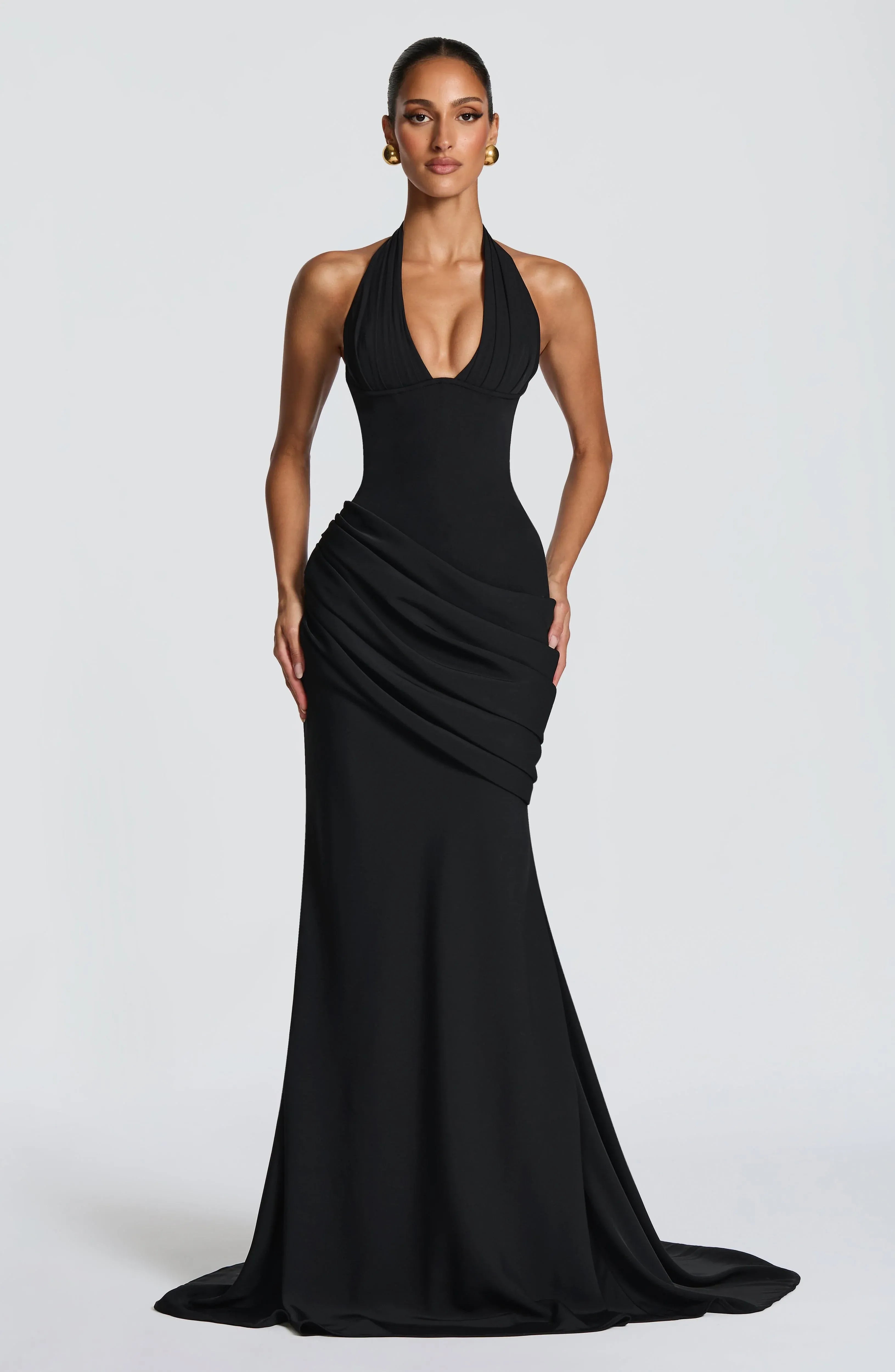 Halter Deep V Side Draped Ruched Mermaid Train Black Crepe Maxi Wedding Guest Dresses