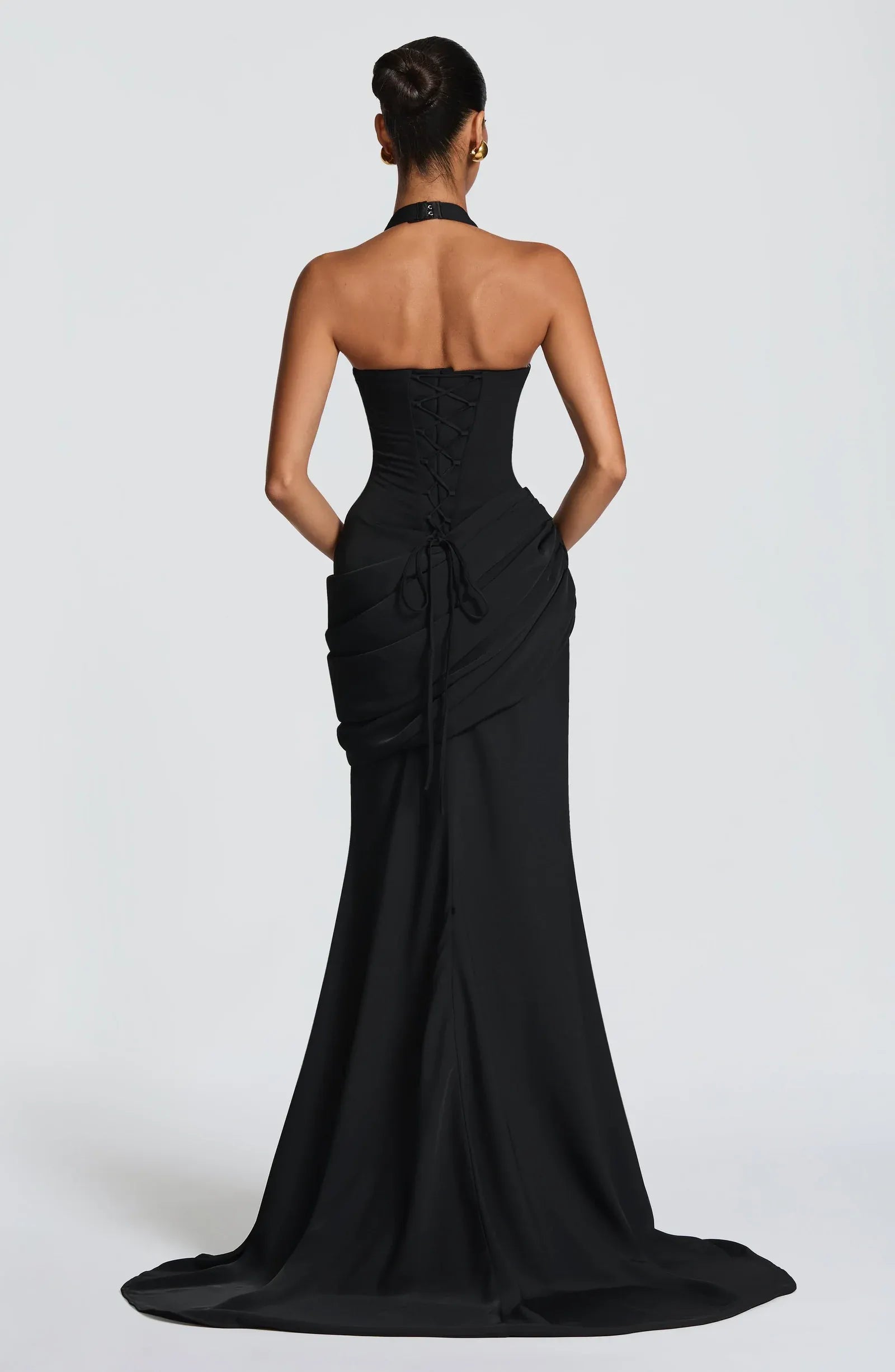 Halter Deep V Side Draped Ruched Mermaid Train Black Crepe Maxi Wedding Guest Dresses