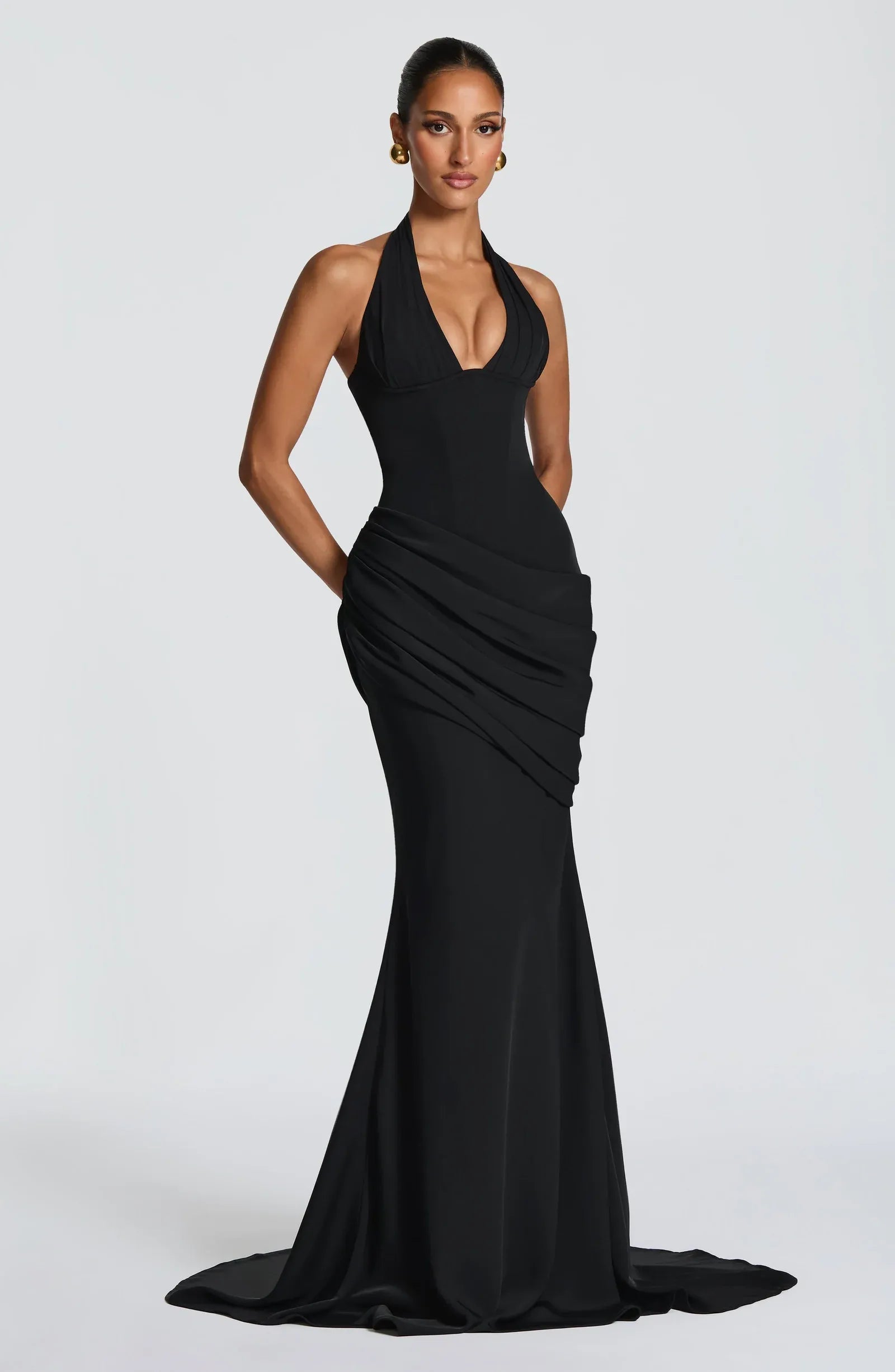 Halter Deep V Side Draped Ruched Mermaid Train Black Crepe Maxi Wedding Guest Dresses