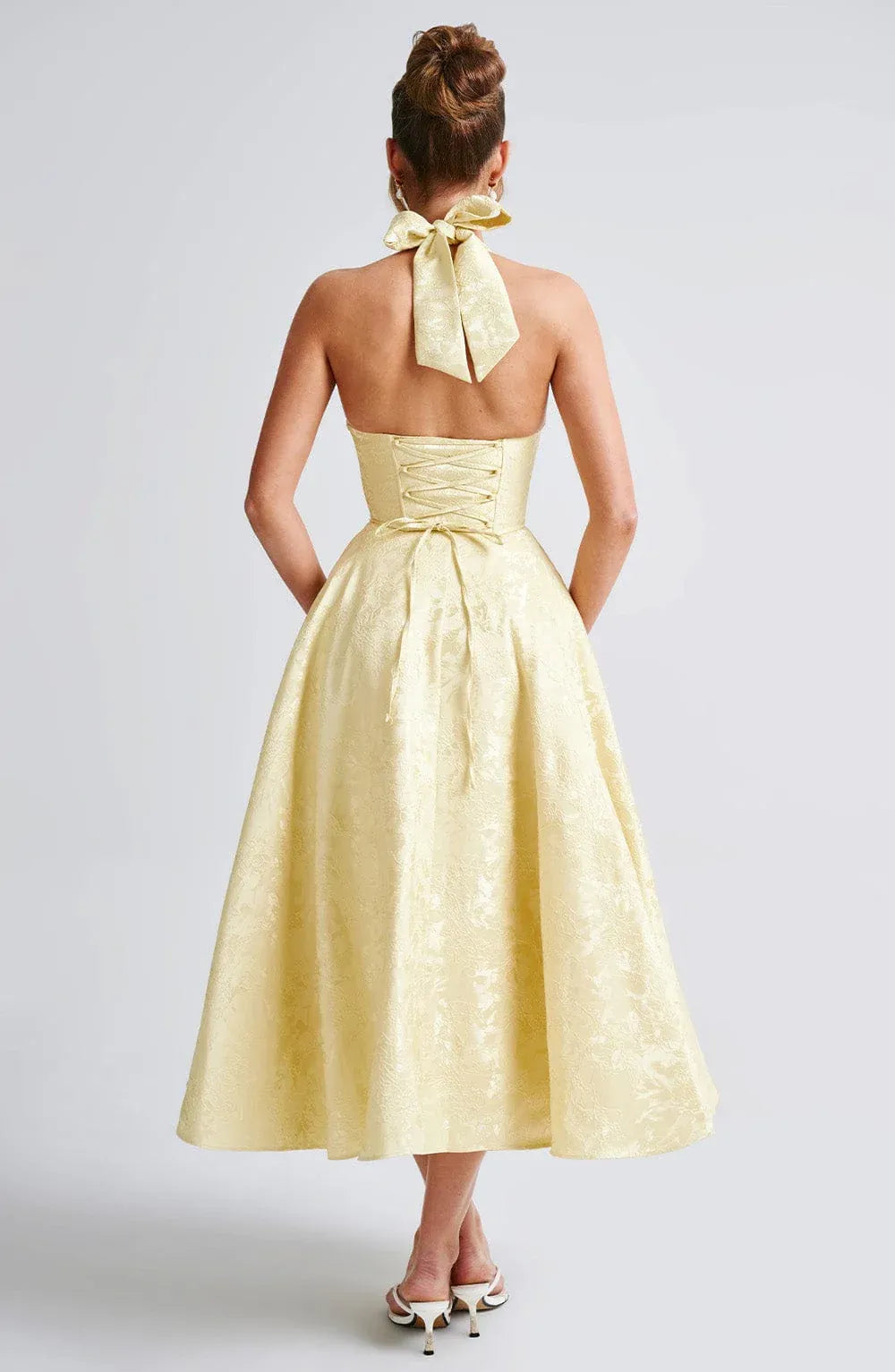 Halter Deep V Textured Jacquard Midi Pale Yellow Bridesmaid Dresses