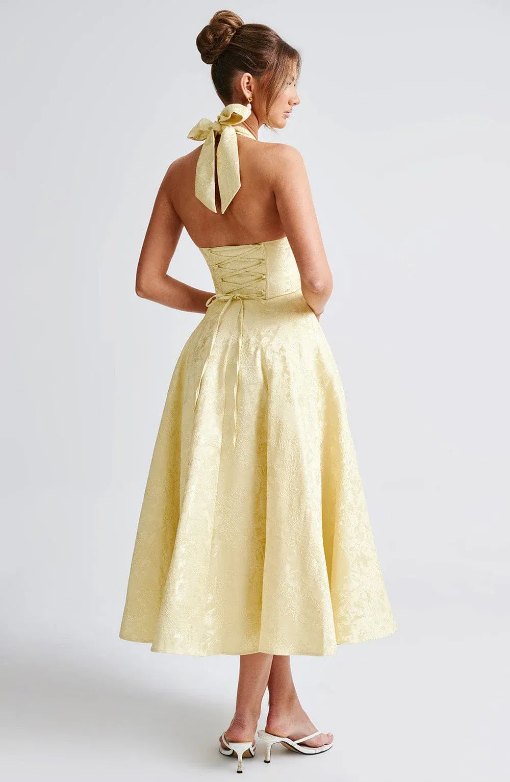 Halter Deep V Textured Jacquard Midi Pale Yellow Bridesmaid Dresses