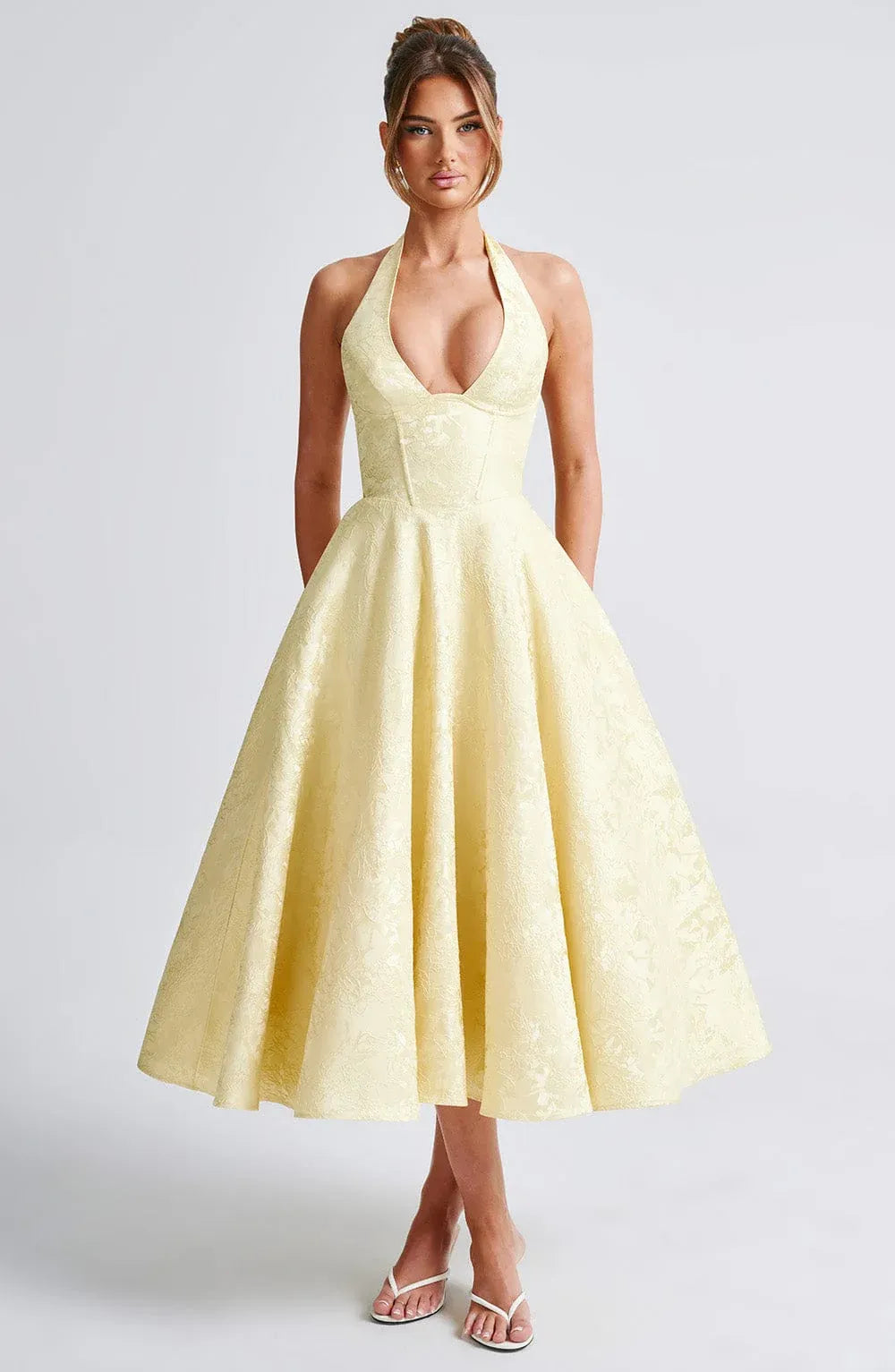 Halter Deep V Textured Jacquard Midi Pale Yellow Bridesmaid Dresses