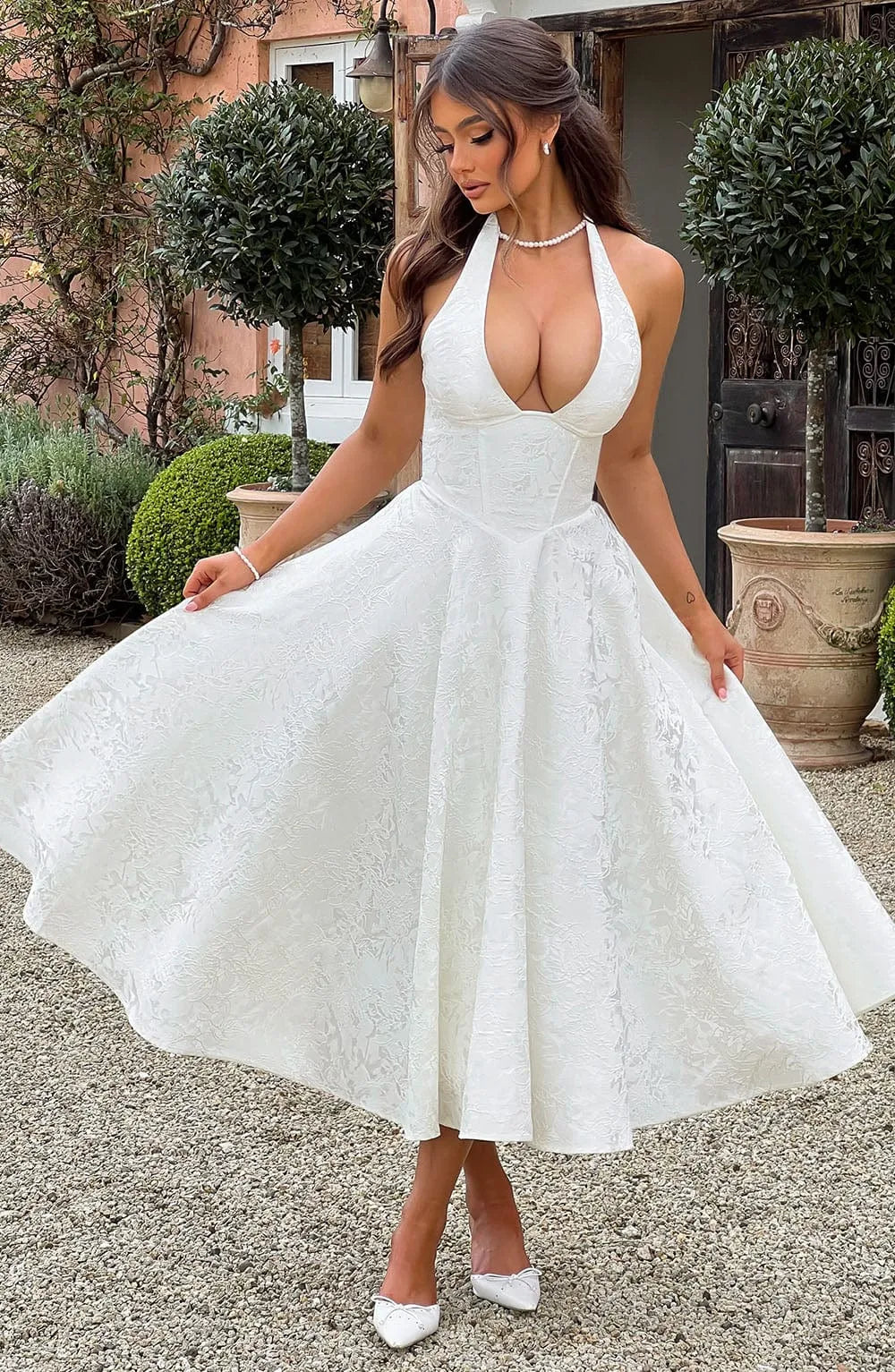 Halter Deep V Textured Jacquard Midi White Wedding Guest Dresses