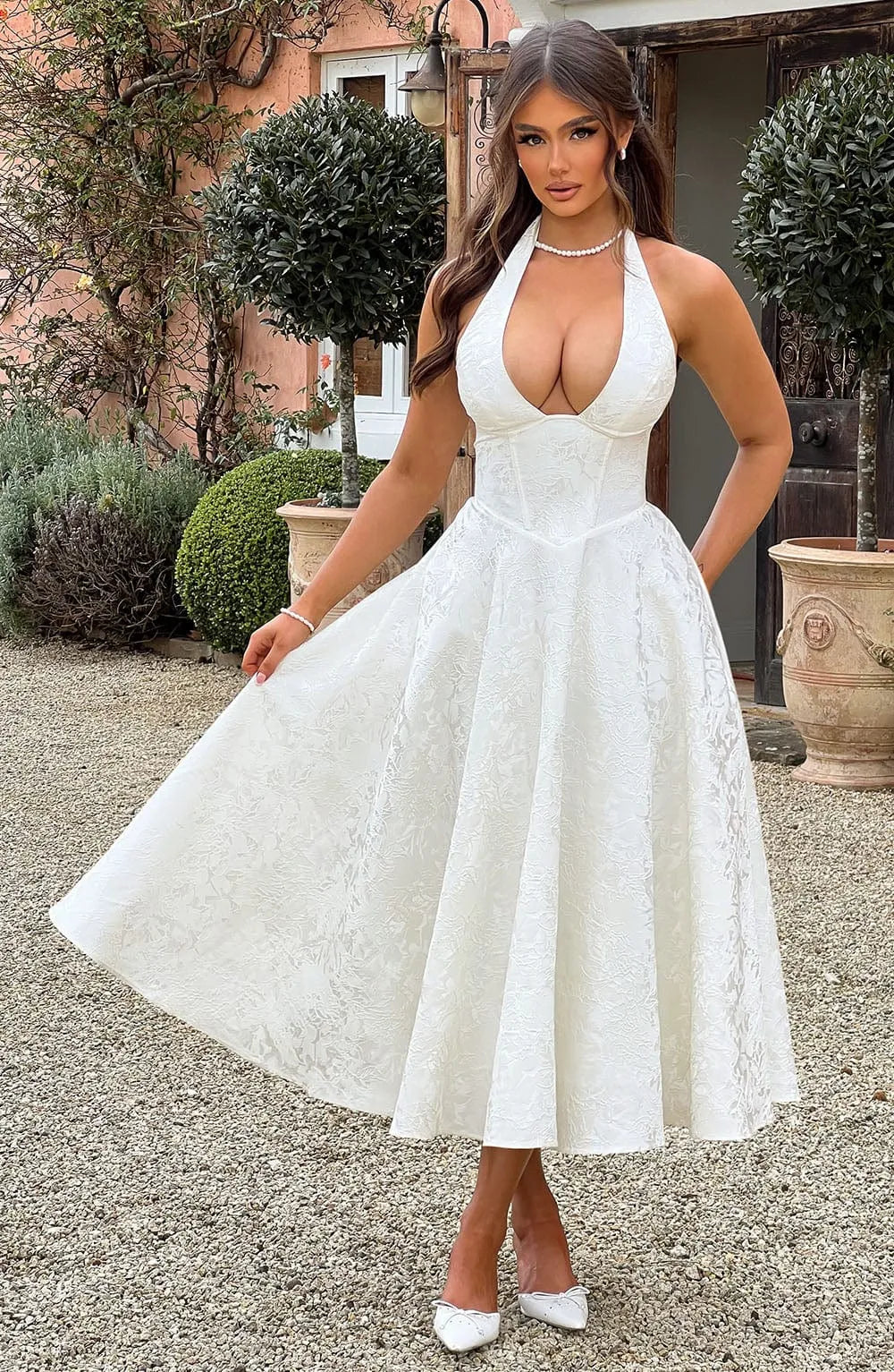 Halter Deep V Textured Jacquard Midi White Wedding Guest Dresses