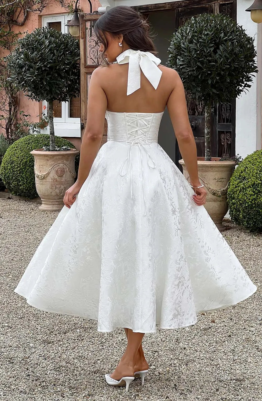 Halter Deep V Textured Jacquard Midi White Wedding Guest Dresses