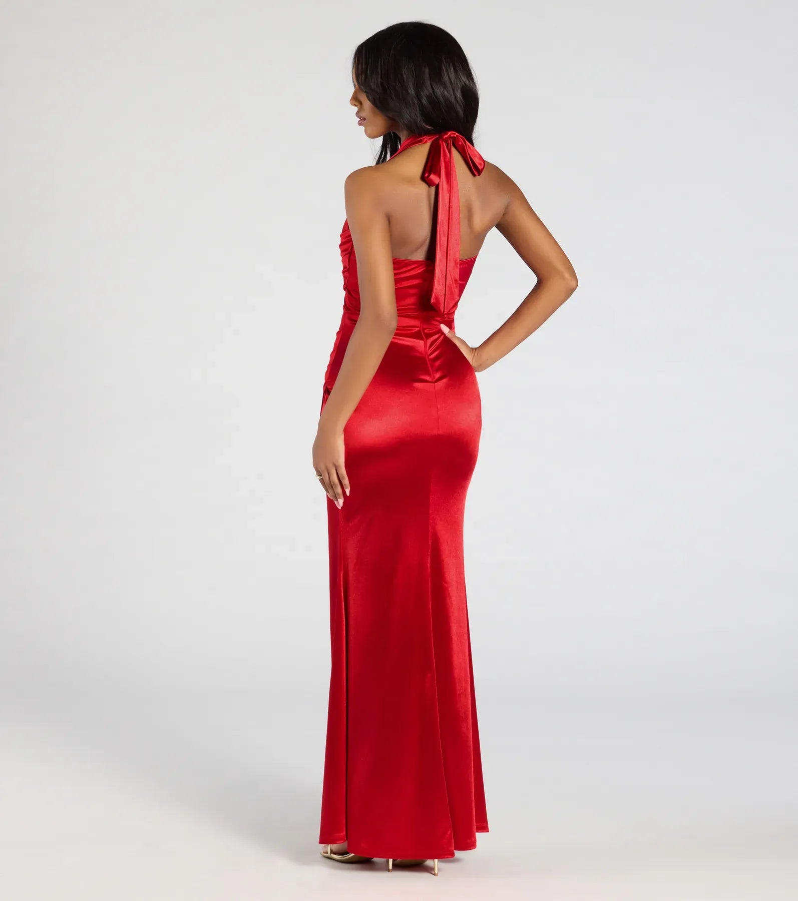 Halter Deep V Tie Back Ruched Wrap High Slit Red Satin Mermaid Maxi Wedding Guest Dresses