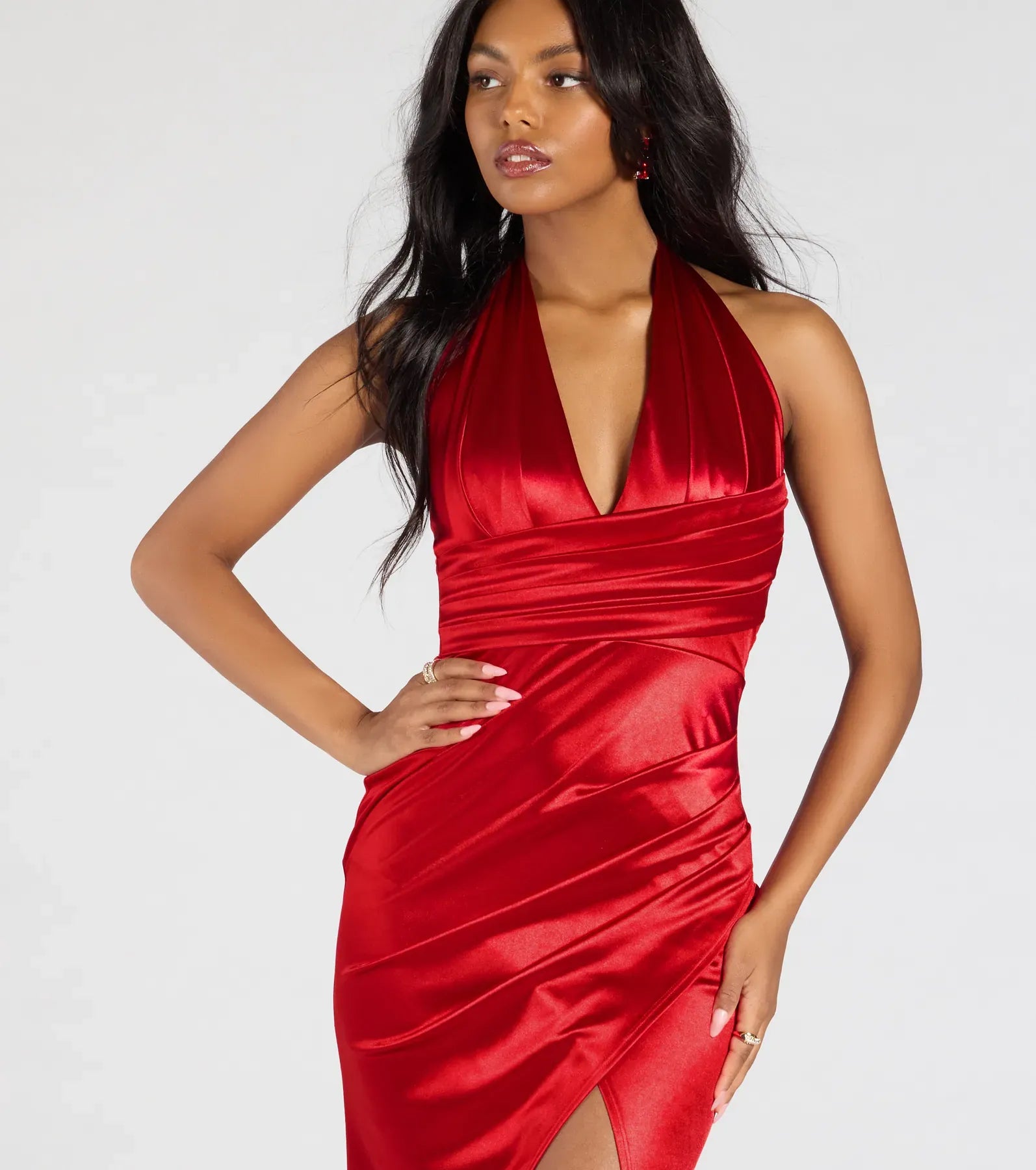 Halter Deep V Tie Back Ruched Wrap High Slit Red Satin Mermaid Maxi Wedding Guest Dresses
