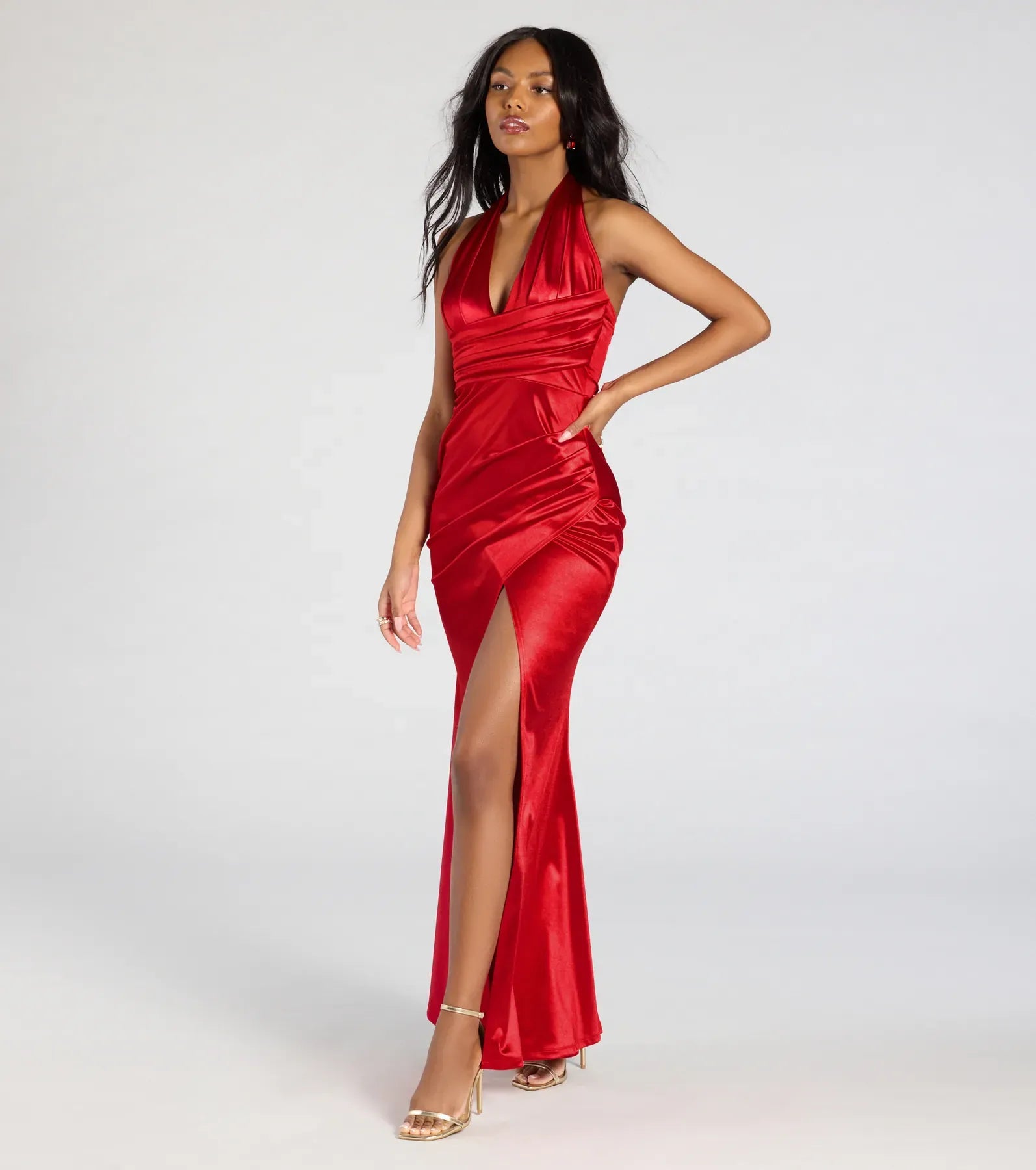 Halter Deep V Tie Back Ruched Wrap High Slit Red Satin Mermaid Maxi Wedding Guest Dresses
