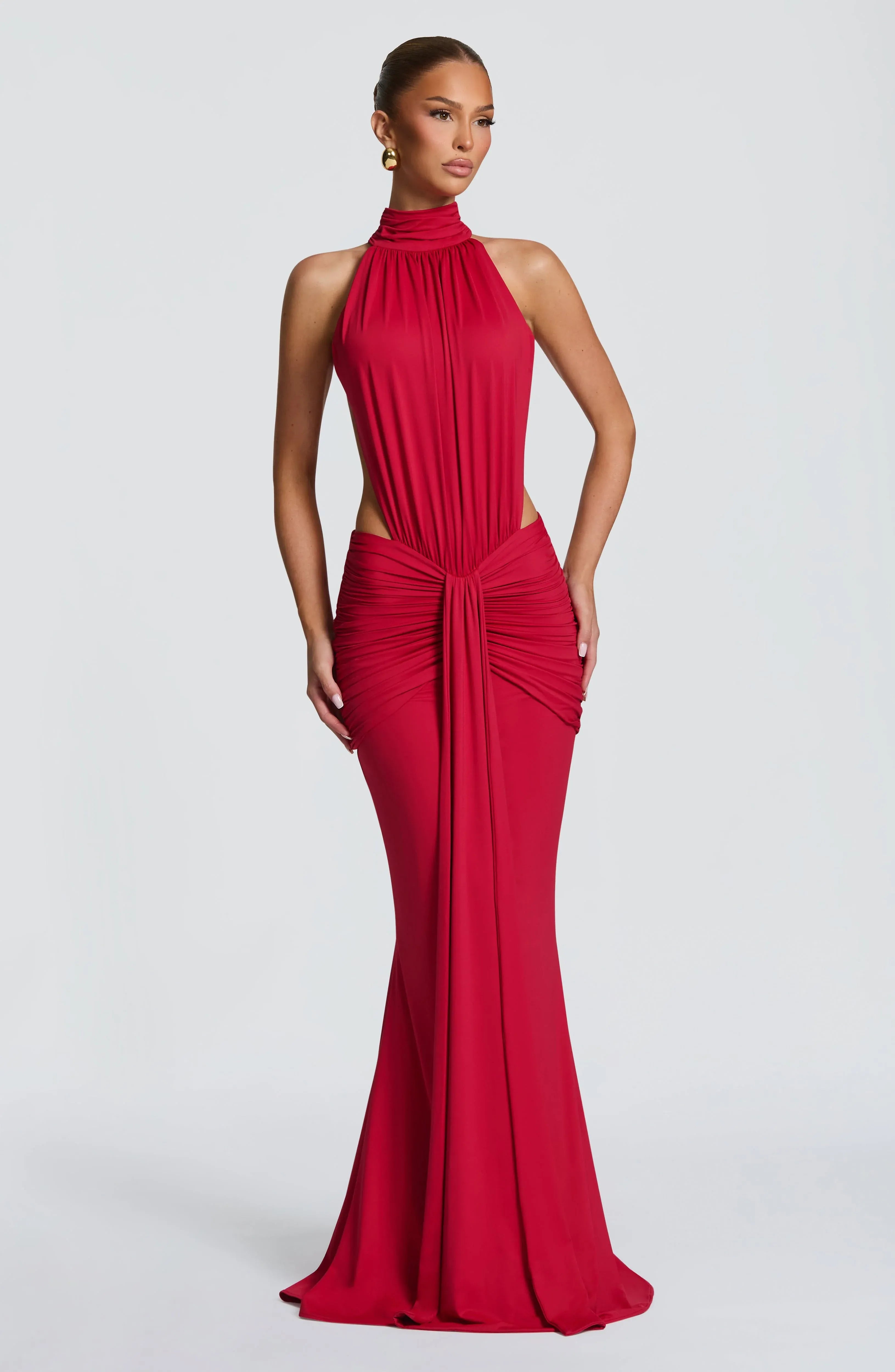 Halter High Neck Side Cutout Backless Waist Draped Red Jersey Mermaid Maxi Wedding Guest Dresses