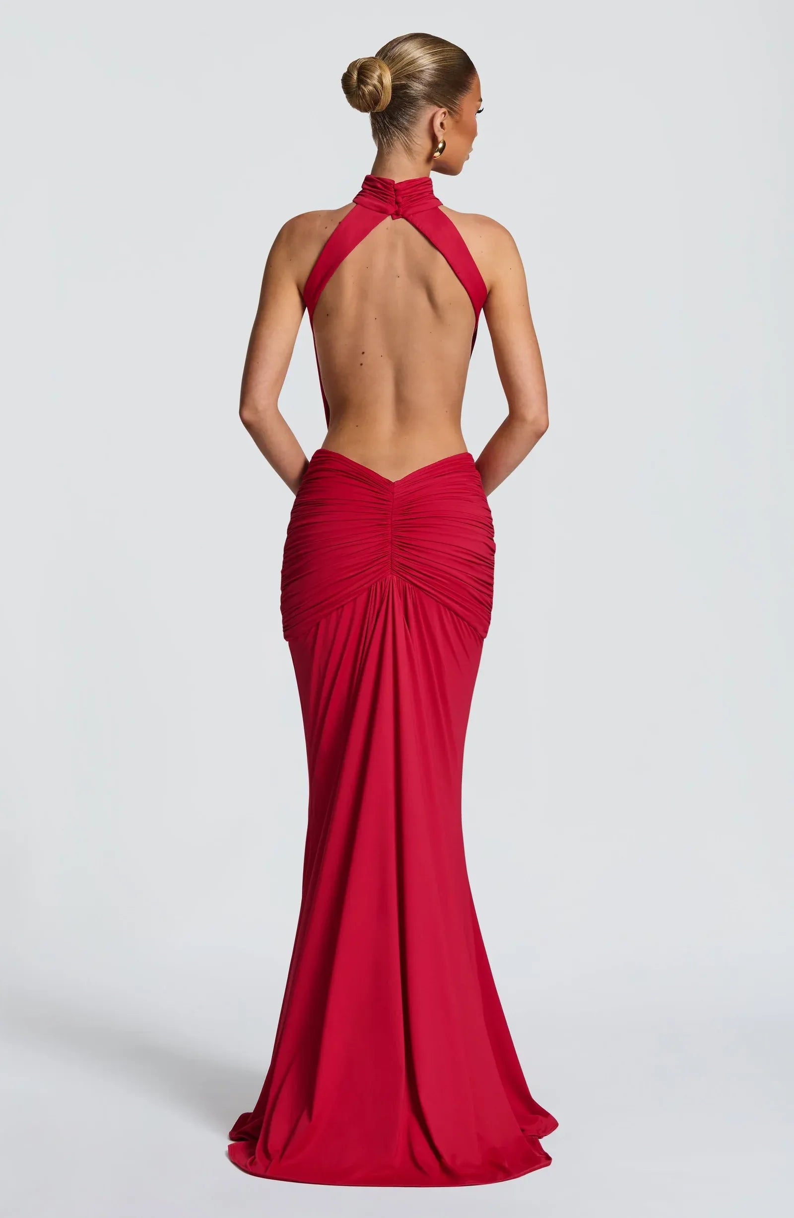 Halter High Neck Side Cutout Backless Waist Draped Red Jersey Mermaid Maxi Wedding Guest Dresses