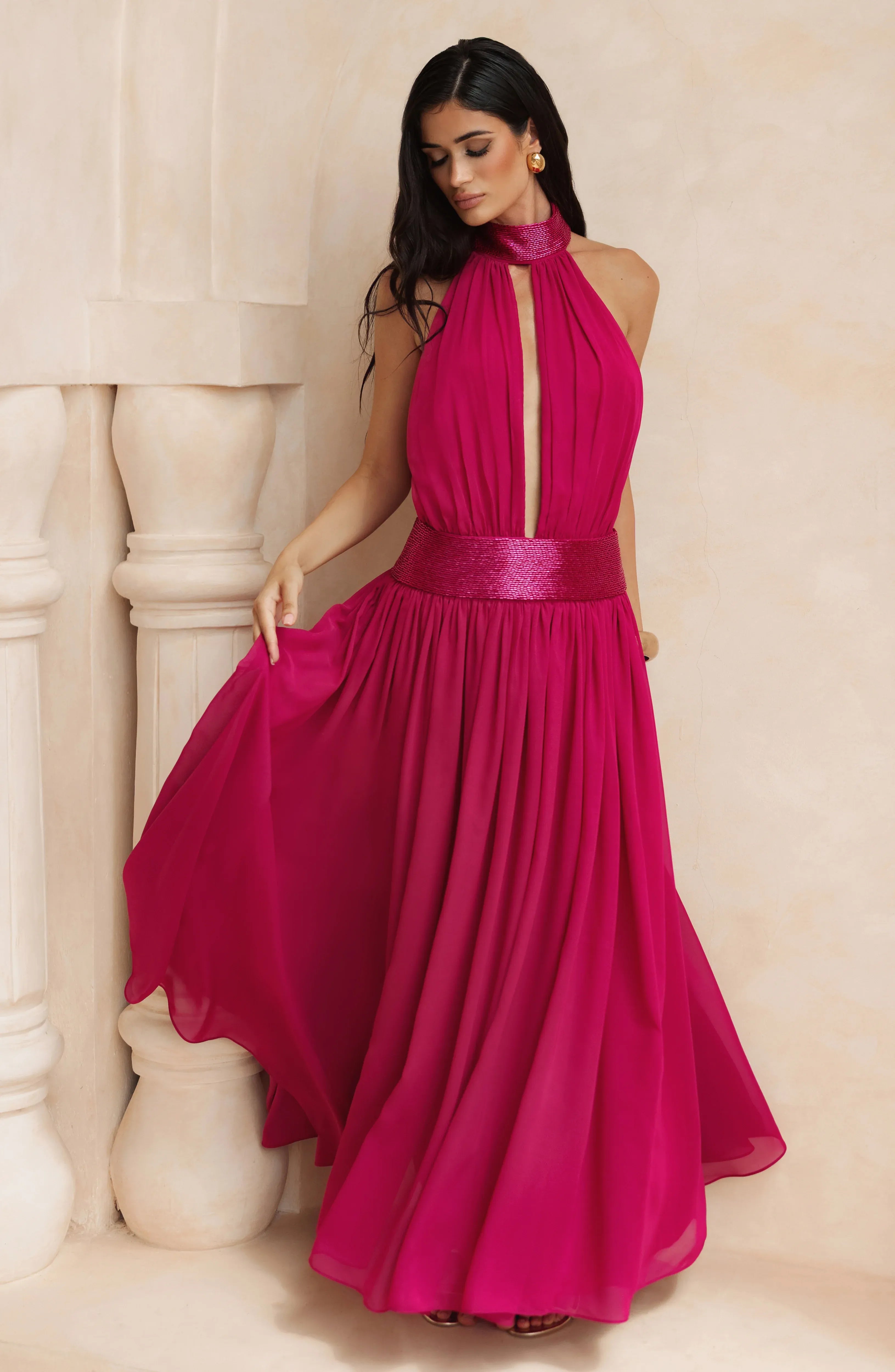 Halter Keyhole Open Back Beaded Waist Plain Slit Fuchsia Chiffon A Line Maxi Wedding Guest Dresses