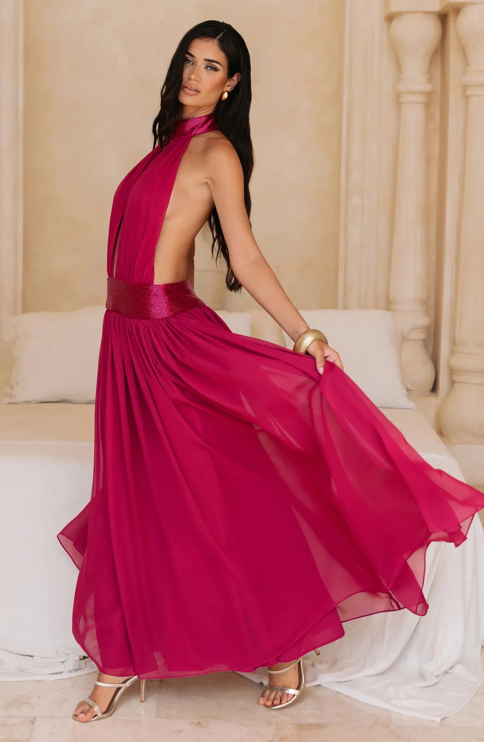 Halter Keyhole Open Back Beaded Waist Plain Slit Fuchsia Chiffon A Line Maxi Wedding Guest Dresses