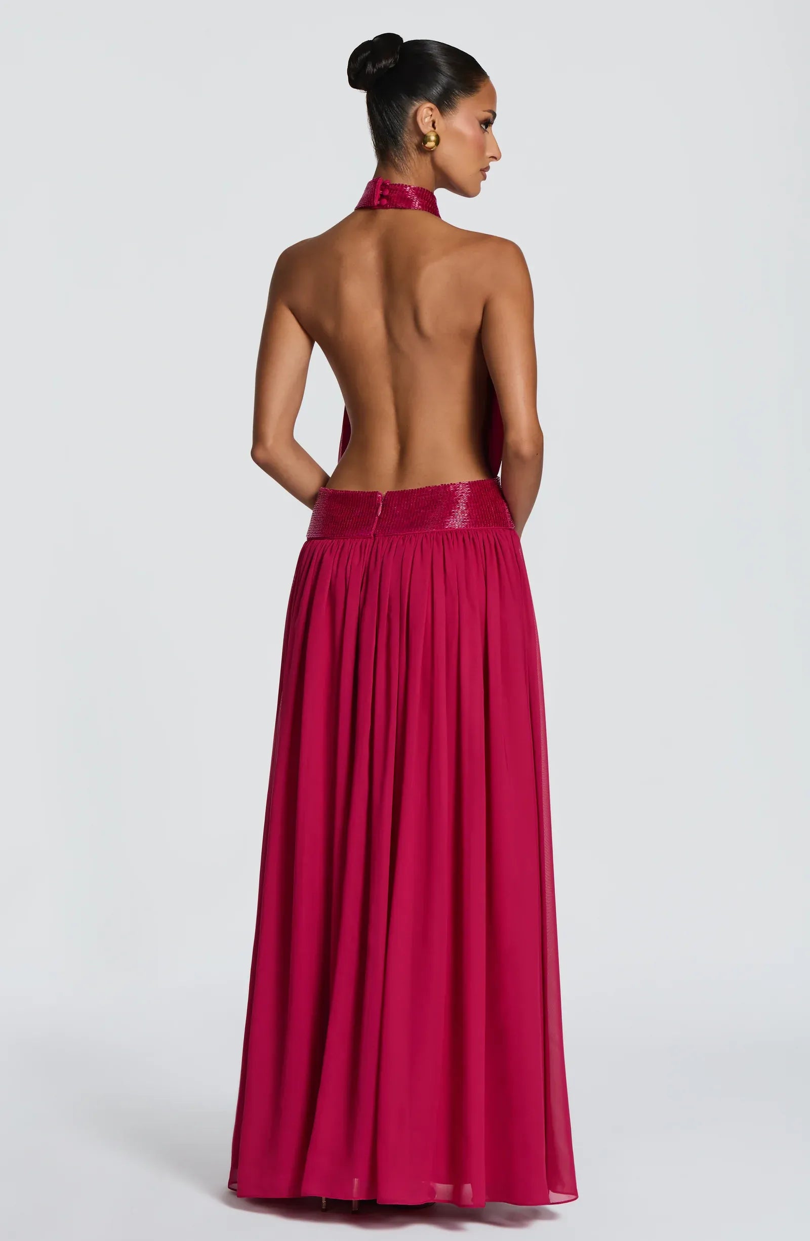 Halter Keyhole Open Back Beaded Waist Plain Slit Fuchsia Chiffon A Line Maxi Wedding Guest Dresses