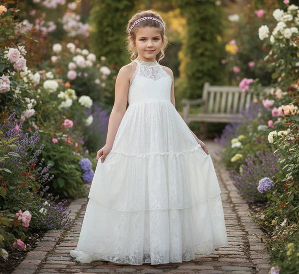 Halter Lace Sleeveless White Tier Lace Maxi First Communion Dresses