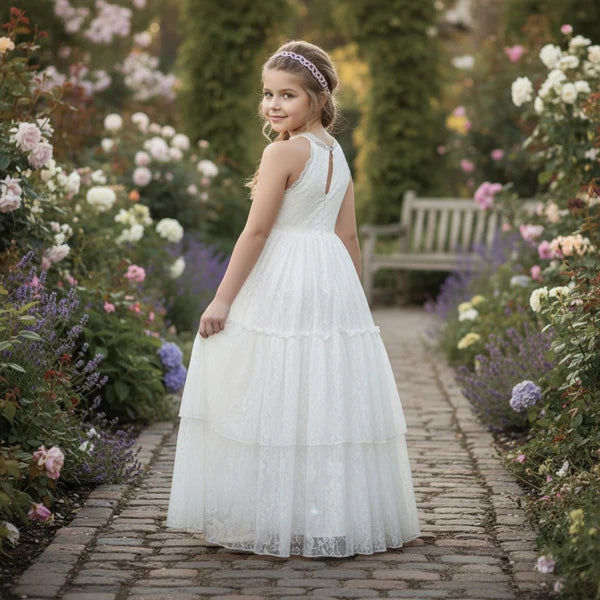 Halter Lace Sleeveless White Tier Lace Maxi First Communion Dresses