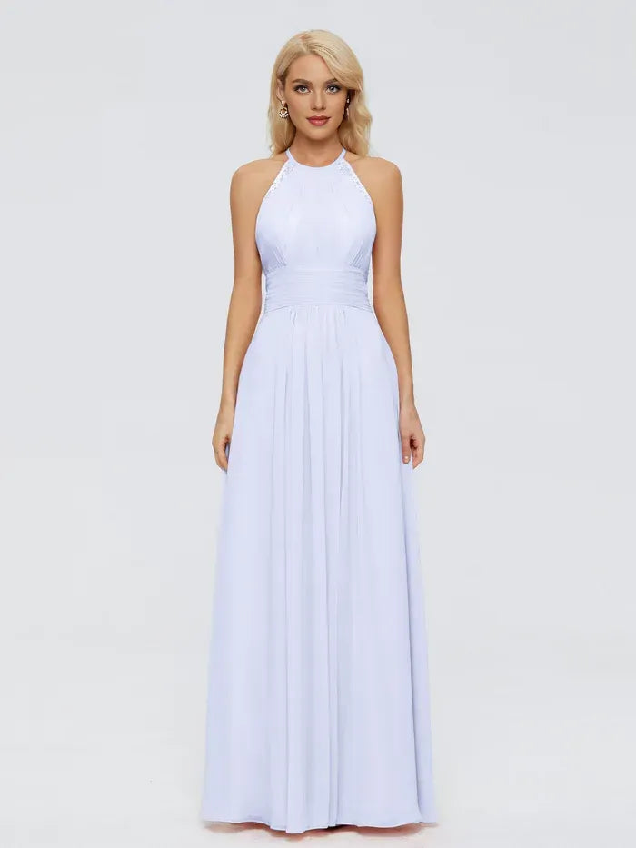 Halter Lace Trim Open Back Ruched Waist A Line Chiffon Long Bridesmaid Dress
