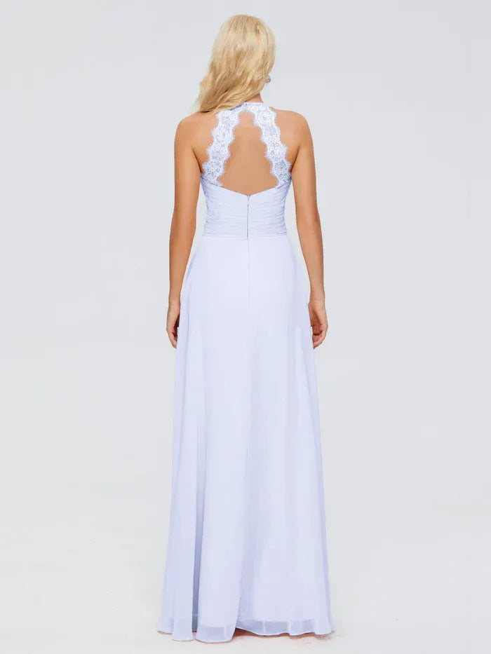 Halter Lace Trim Open Back Ruched Waist A Line Chiffon Long Bridesmaid Dress