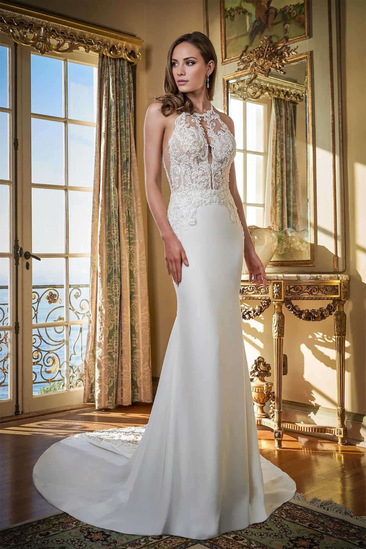 Halter‑Neck Beaded‑Lace Crepe Mermaid Wedding Dress With Keyhole‑Cutout‑Back Detail