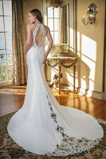 Halter‑Neck Beaded‑Lace Crepe Mermaid Wedding Dress With Keyhole‑Cutout‑Back Detail