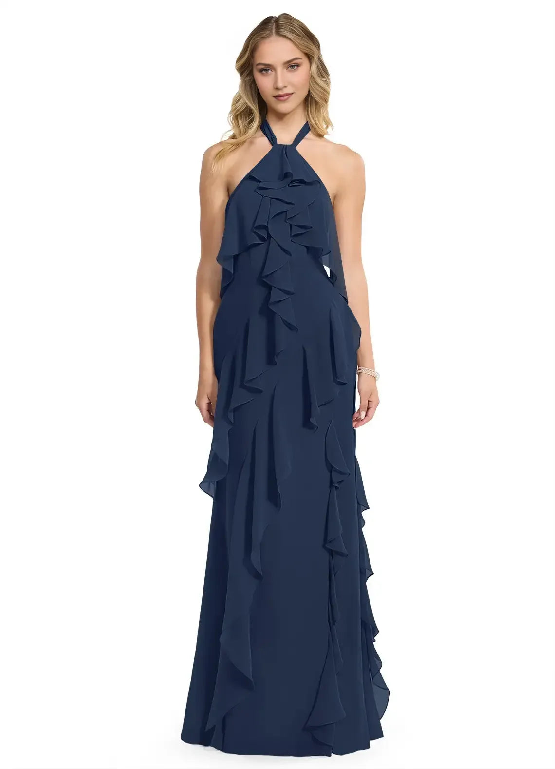 Halter Neck Cascading Ruffle Mermaid Chiffon Long Bridesmaid Dress