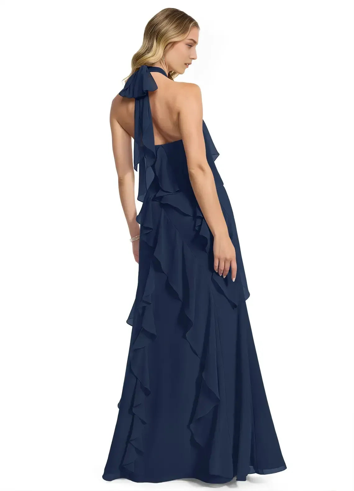 Halter Neck Cascading Ruffle Mermaid Chiffon Long Bridesmaid Dress