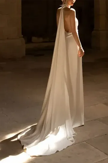 Halter‑Neck Deep‑V Open‑Back Satin Sheath Wedding Dress With Functional Pockets
