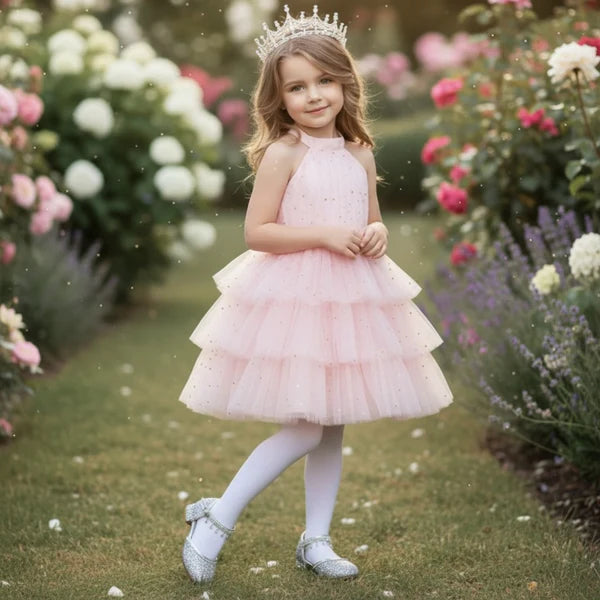 Halter Neck Glitter Pink Tulle Tiered Midi Girls Party Dresses