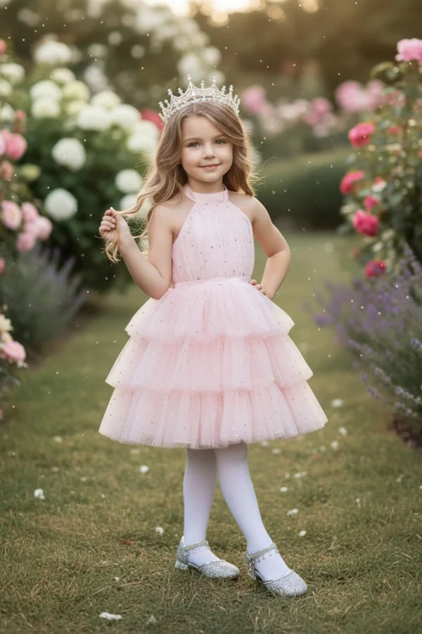 Halter Neck Glitter Pink Tulle Tiered Midi Girls Party Dresses