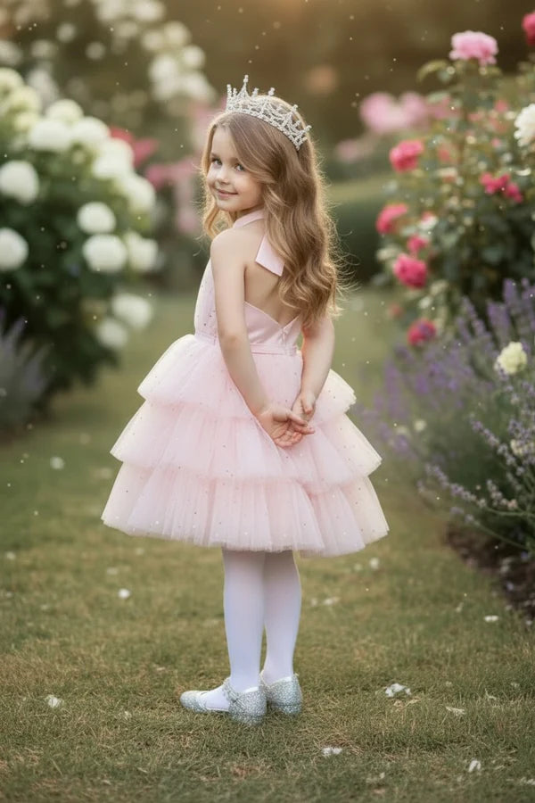 Halter Neck Glitter Pink Tulle Tiered Midi Girls Party Dresses