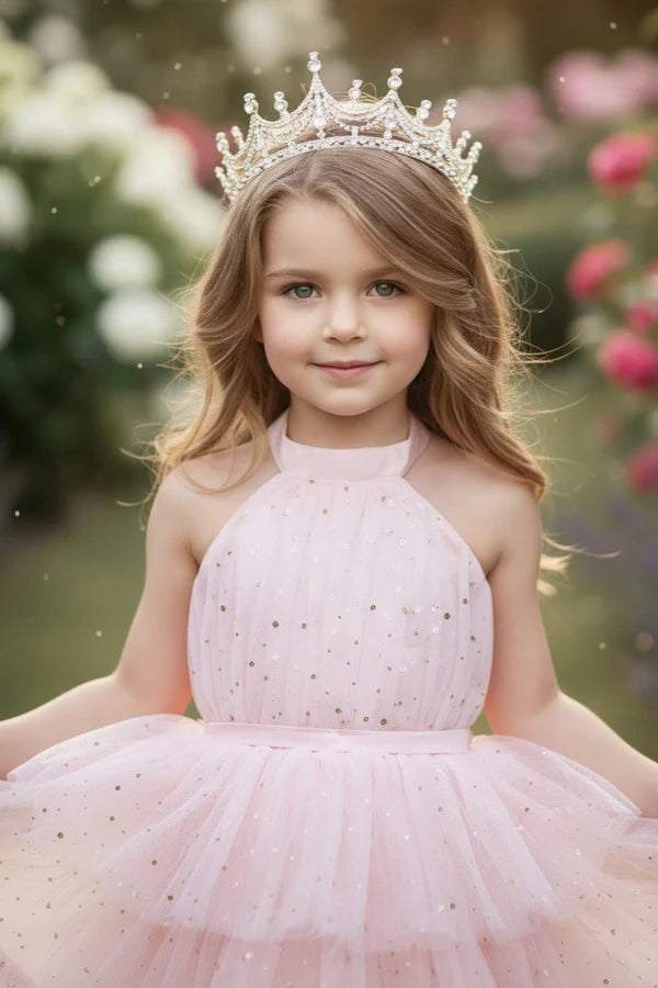 Halter Neck Glitter Pink Tulle Tiered Midi Girls Party Dresses