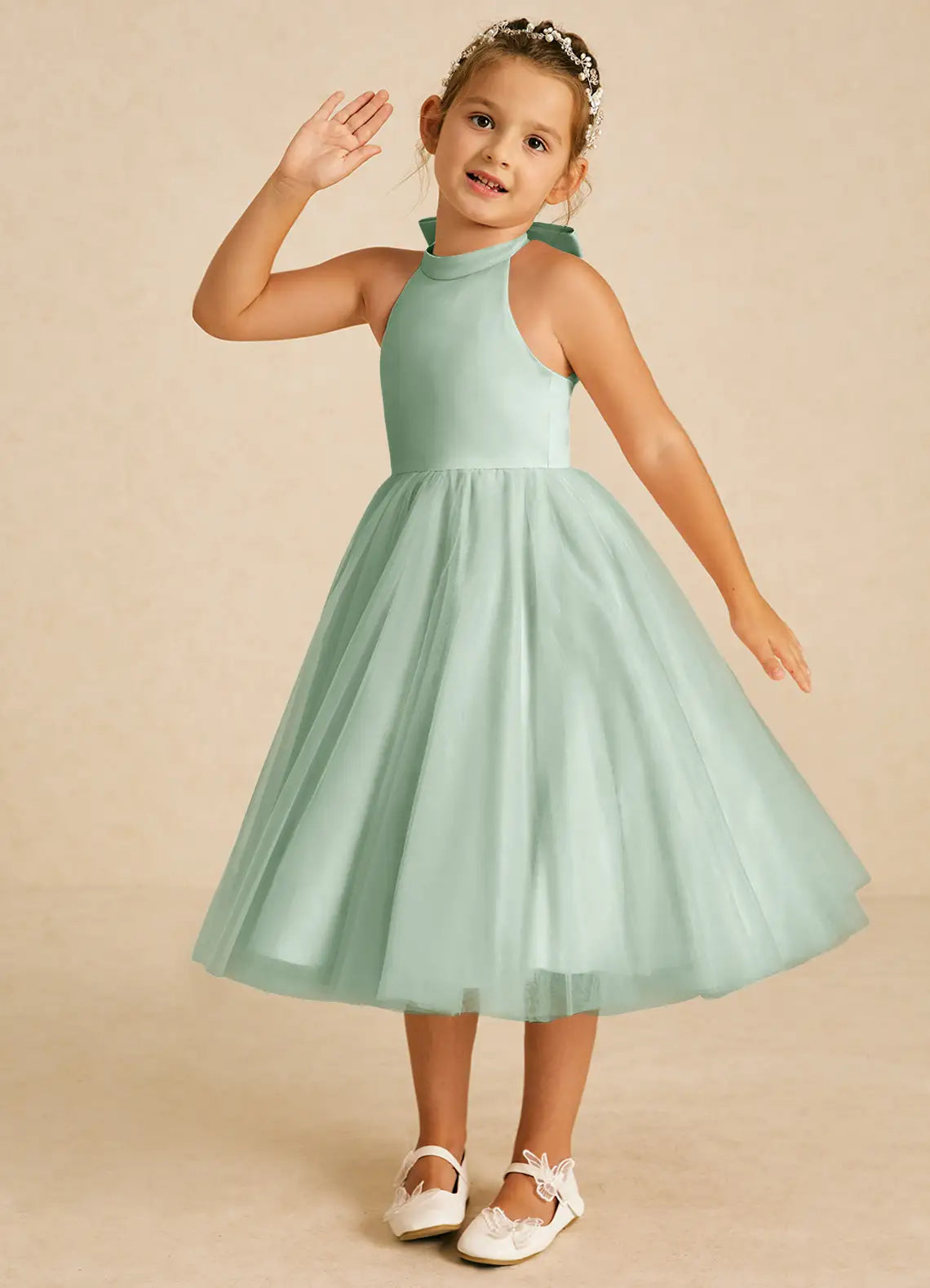 Halter Neck Hollow Back Big Bow Sage Tulle Midi Flower Girl Dresses