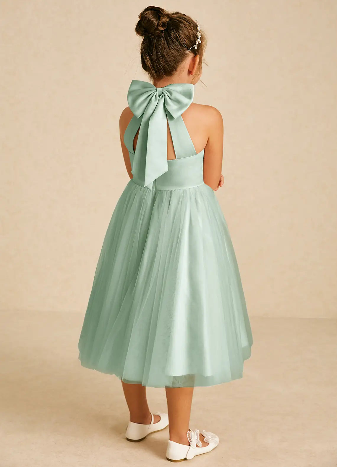 Halter Neck Hollow Back Big Bow Sage Tulle Midi Flower Girl Dresses