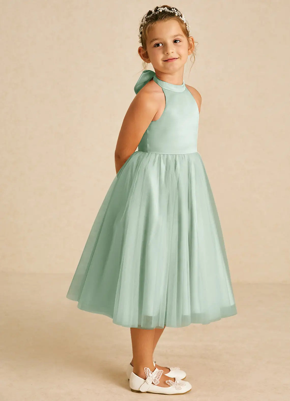 Halter Neck Hollow Back Big Bow Sage Tulle Midi Flower Girl Dresses