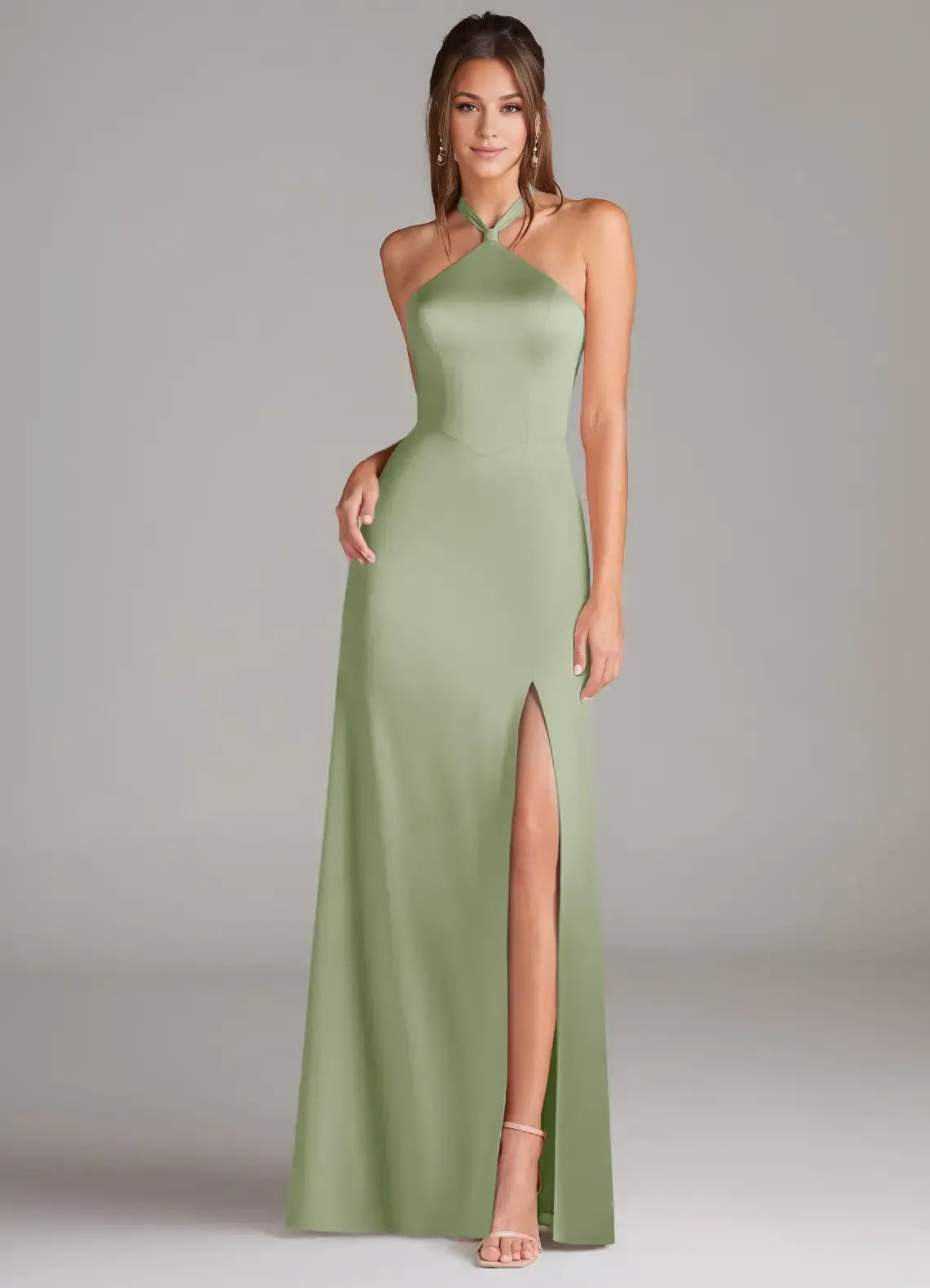 Halter Neck Keyhole Front High Slit Satin Long Bridesmaid Dress