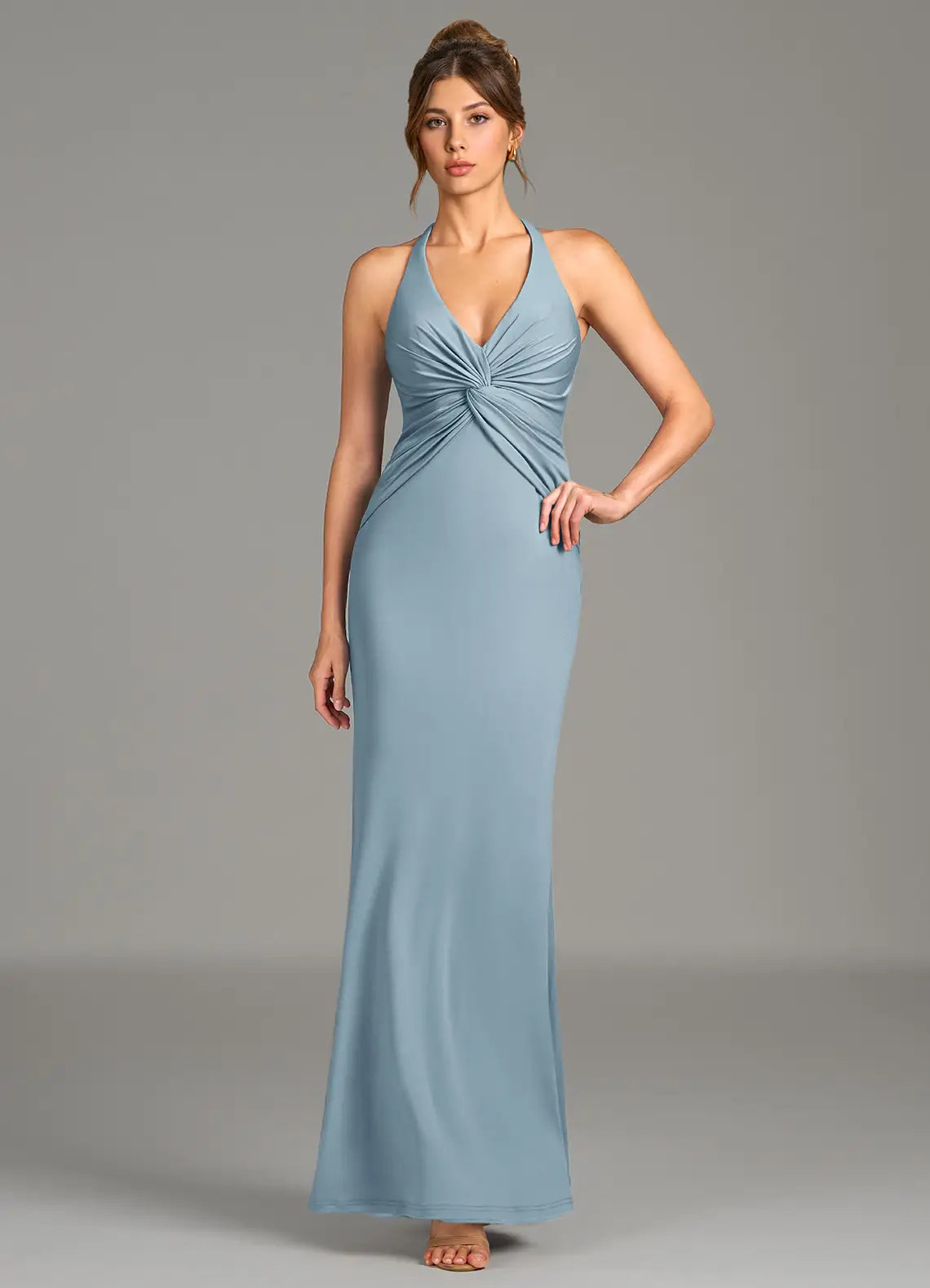 Halter Neck Knot Detail Floor-Length Satin Bridesmaid Dress