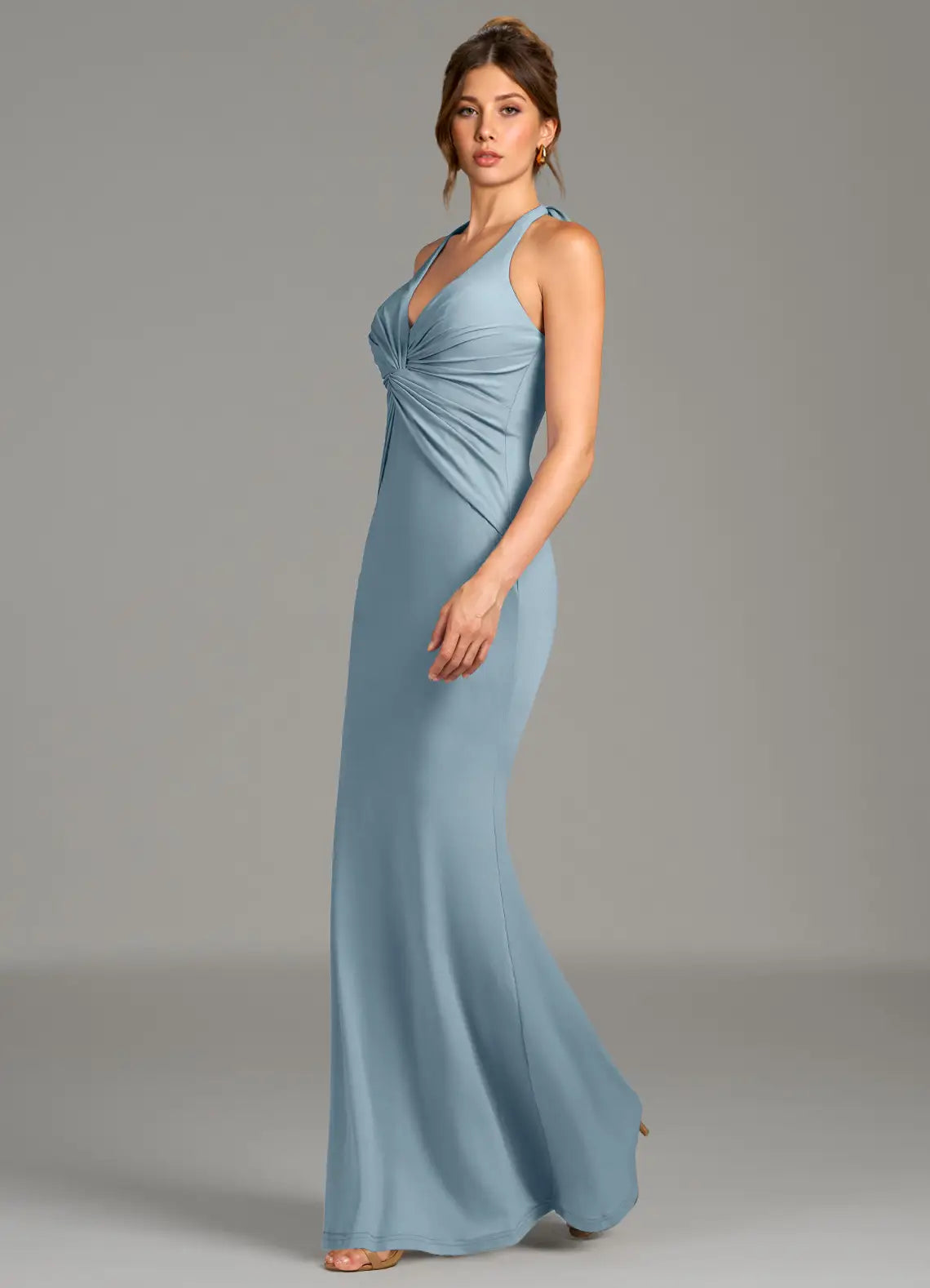 Halter Neck Knot Detail Floor-Length Satin Bridesmaid Dress