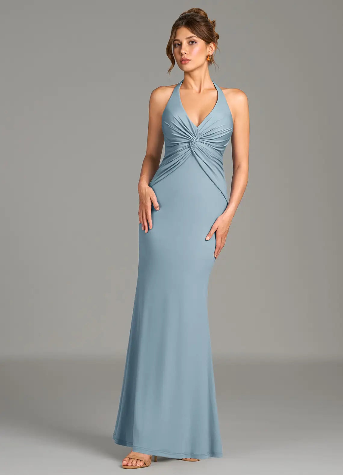 Halter Neck Knot Detail Floor-Length Satin Bridesmaid Dress