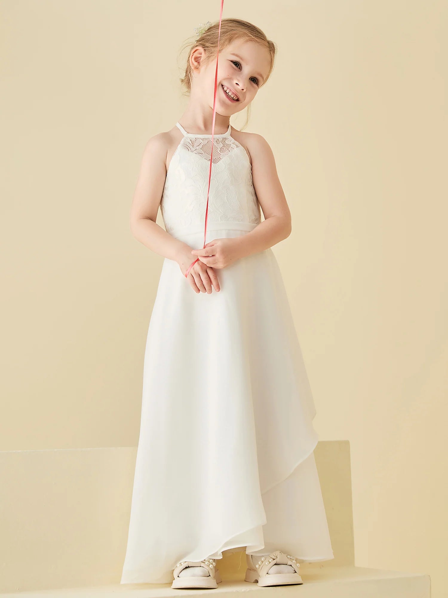 Halter Neck Lace Back Asymmetric Chiffon White Floor Length Flower Girl Dresses