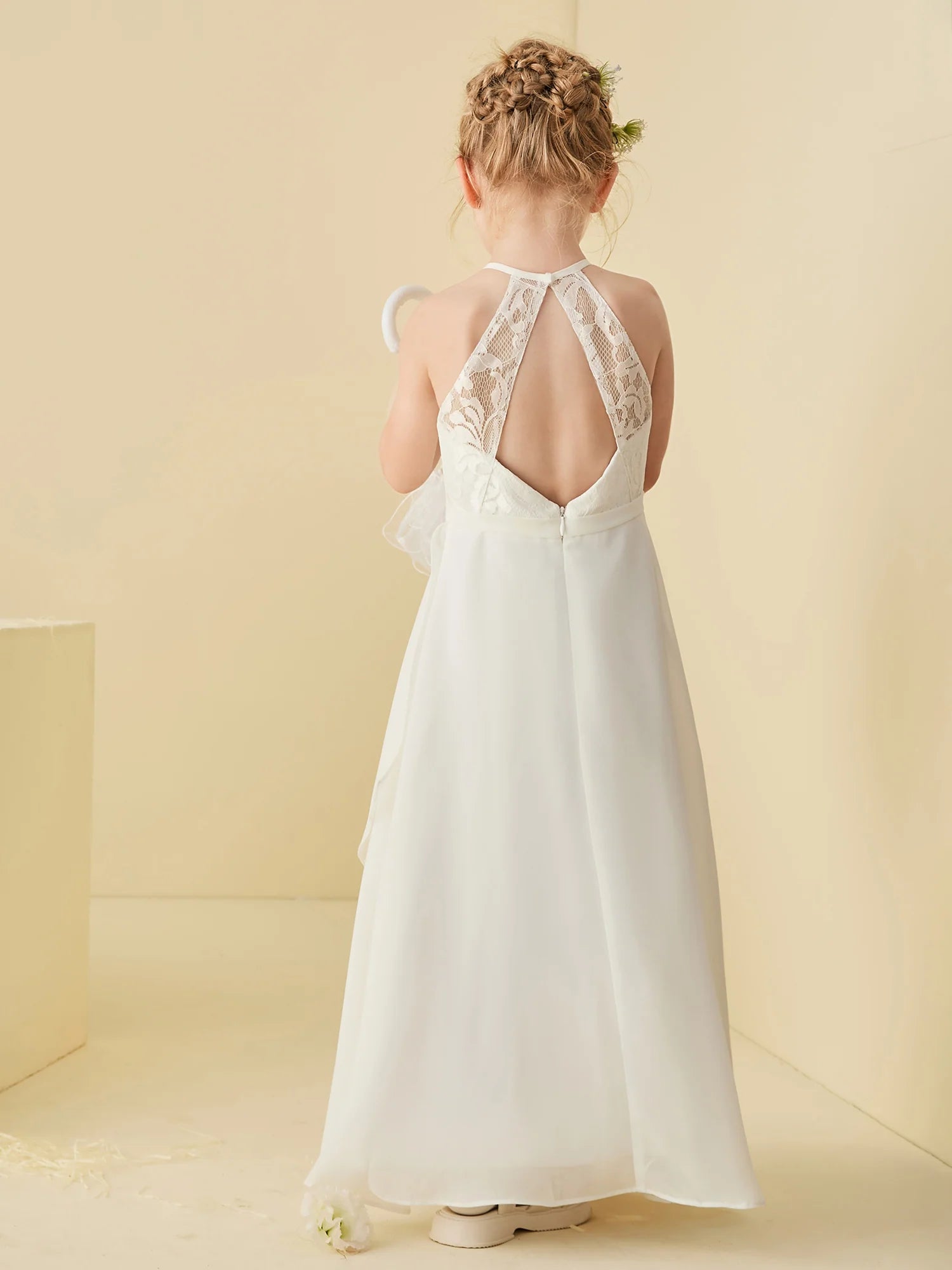 Halter Neck Lace Back Asymmetric Chiffon White Floor Length Flower Girl Dresses