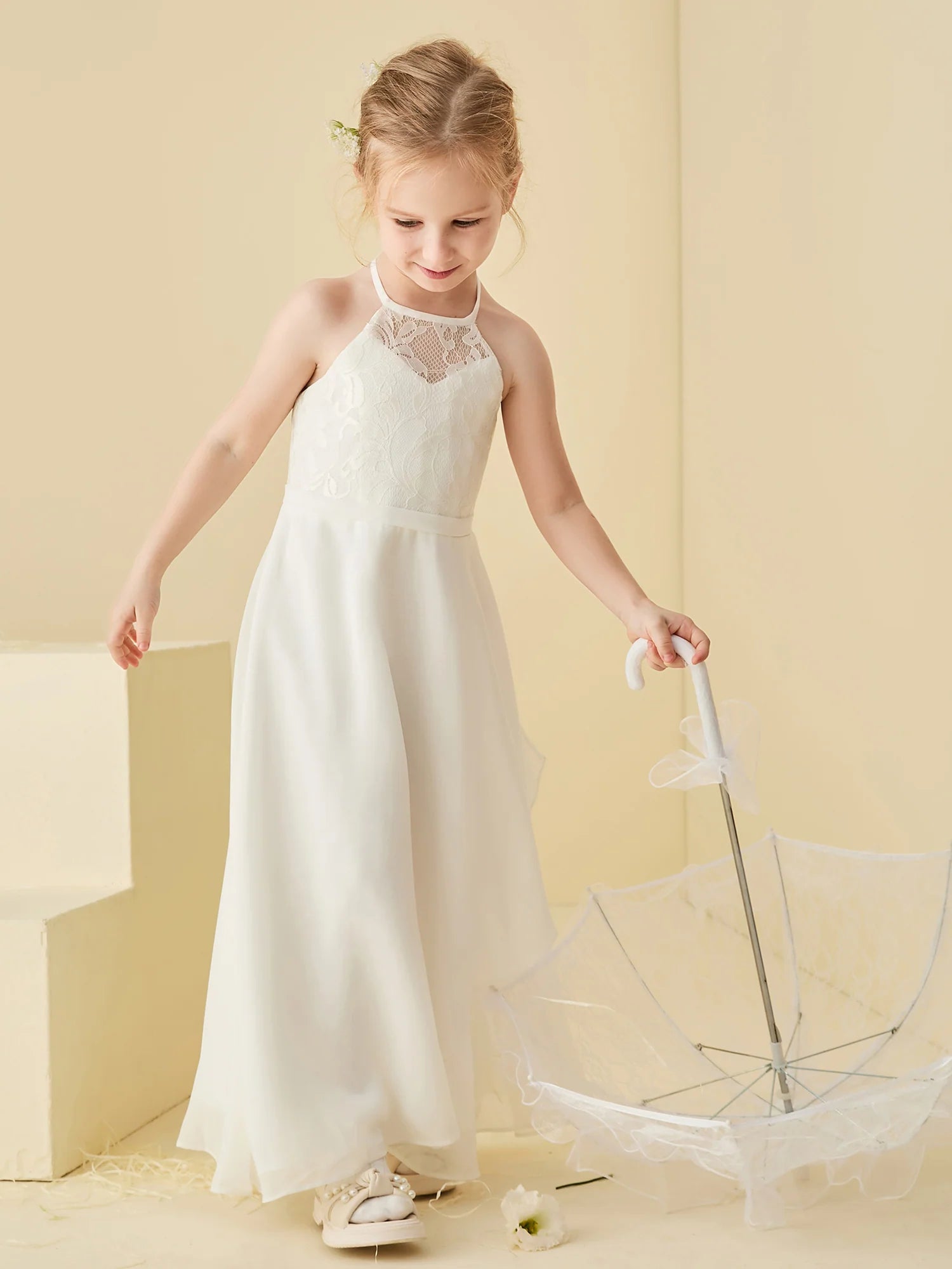 Halter Neck Lace Back Asymmetric Chiffon White Floor Length Flower Girl Dresses