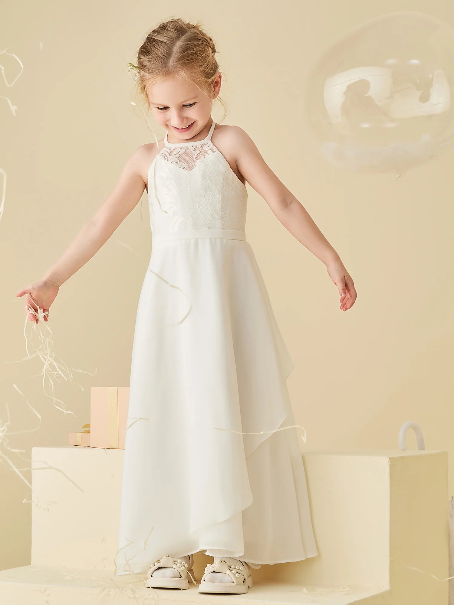 Halter Neck Lace Back Asymmetric Chiffon White Floor Length Flower Girl Dresses