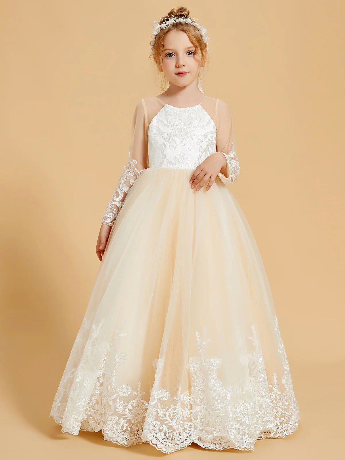 Halter Neck Long Sheer Lace Sleeve Big Satin Back Bow Champagne Tulle Floor Lace Hem Flower Girl Dresses